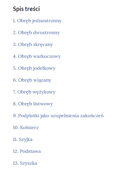 Grafika przedstawia spis treści galerii. W kolejnych wierszach tytuły części galerii. 1. Obręb jednostronny. 2. Obręb dwustronny. 3. Obręb skręcany. 4. Obręb warkoczowy. 5. Obręb jodełkowy. 6. Obręb wiązany. 7. Obręb wężykowy. 8. Obręb listwowy. 9. Podplotki jako uzupełnienia zakończeń. 10. Kołnierz. 11. Szyjka. 12. Podstawa. 13. Szyszka.