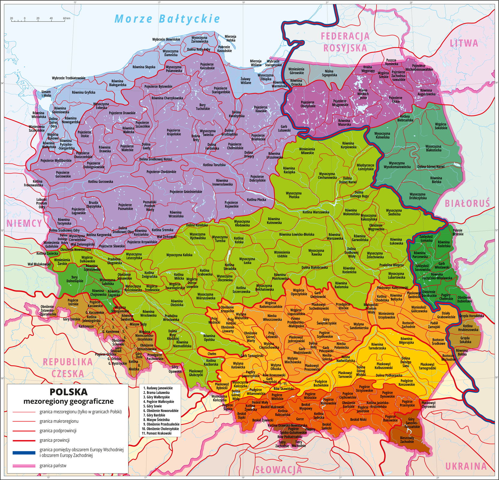 Ilustracja przedstawia mapę Polski z wydzielonymi różnymi odcieniami koloru czerwonego, pomarańczowego i zielonego prowincjami geograficznymi. Zaznaczono granice między podprowincjami geograficznymi w ramach wydzielonych wcześniej prowincji. Zaznaczono granice makroregionów w obrębie podprowincji. W każdej podprowincji wydzielono kilka makroregionów. Cienkimi szarymi liniami zaznaczono granice mezoregionów w obrębie makroregionów i opisano je. W każdym makroregionie wydzielono kilka mezoregionów.