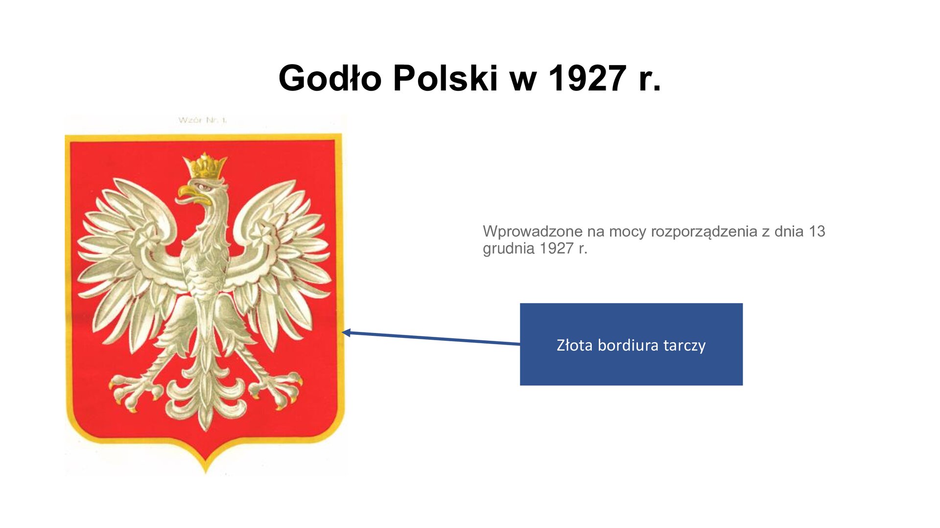 Slajd zawiera napis tytułowy: Godło Polski w 1927 r. Po lewej stronie jest godło Polski zawierające orła w koronie. Godło otoczone jest złotą ramką, czyli bordiurą. Po prawej stronie są informacje: Wprowadzone na mocy rozporządzenia z dnia 13 grudnia 1927 r. 
