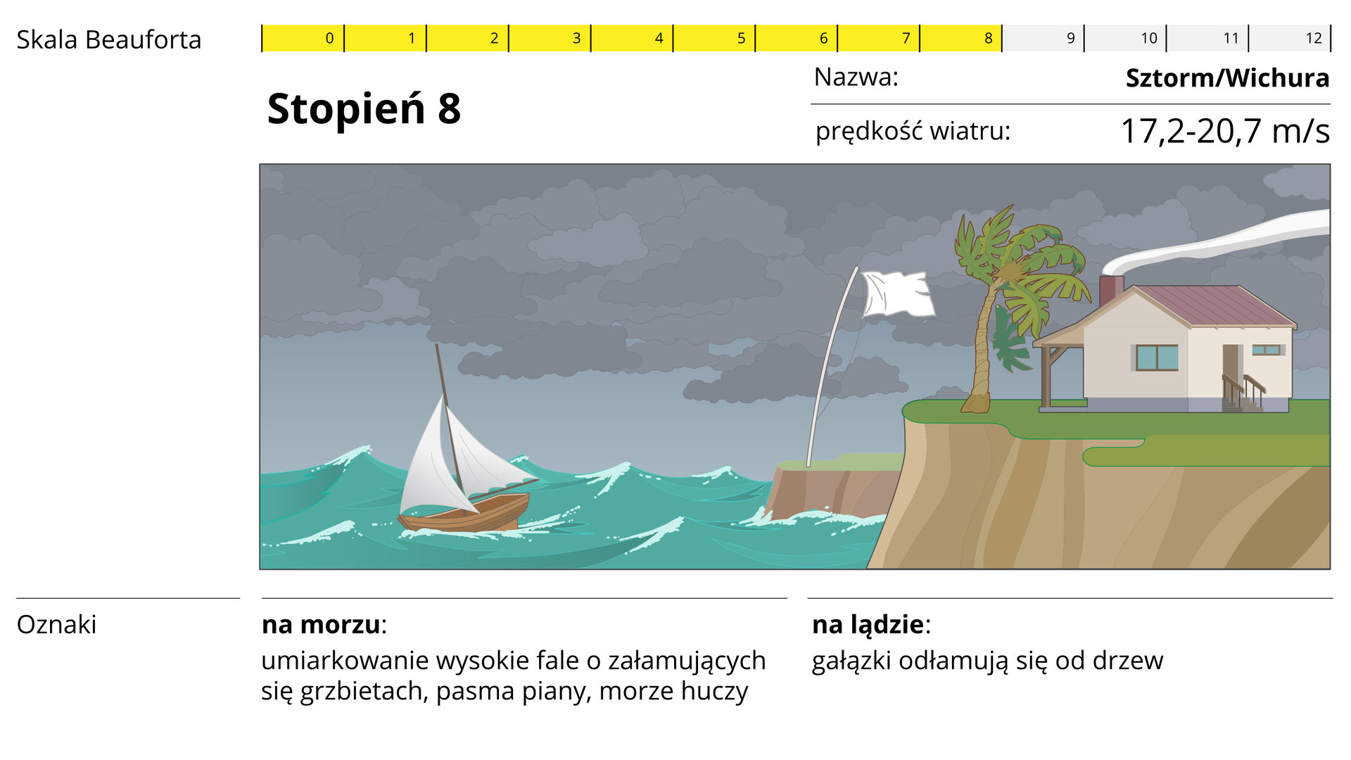 W górnej części zdjęcia przedstawiona jest dwunasto‑stopniowa skala Beauforta z wyszczególnionym ósmym stopniem, który oznacza sztorm/wichurę oraz prędkość wiatru: 17,2‑20,7 metra na sekundę. W środkowej części, widoczna jest grafika niebieskiego, wzburzonego morza, po którym płynie mała, drewniana łódka z białym żaglem oraz klifu, na którym, na zielonej trawie stoi biała flaga na pałąku, palma z brązowym pniem i zieloną koroną oraz żółty, prostokątny dom z czerwonym dachem. Na spodzie widnieje tekst: oznaki- na morzu: umiarkowanie wysokie fale o załamujących się grzbietach, pasma piany, morze huczy. Na lądzie: gałązki odłamują się od drzew.