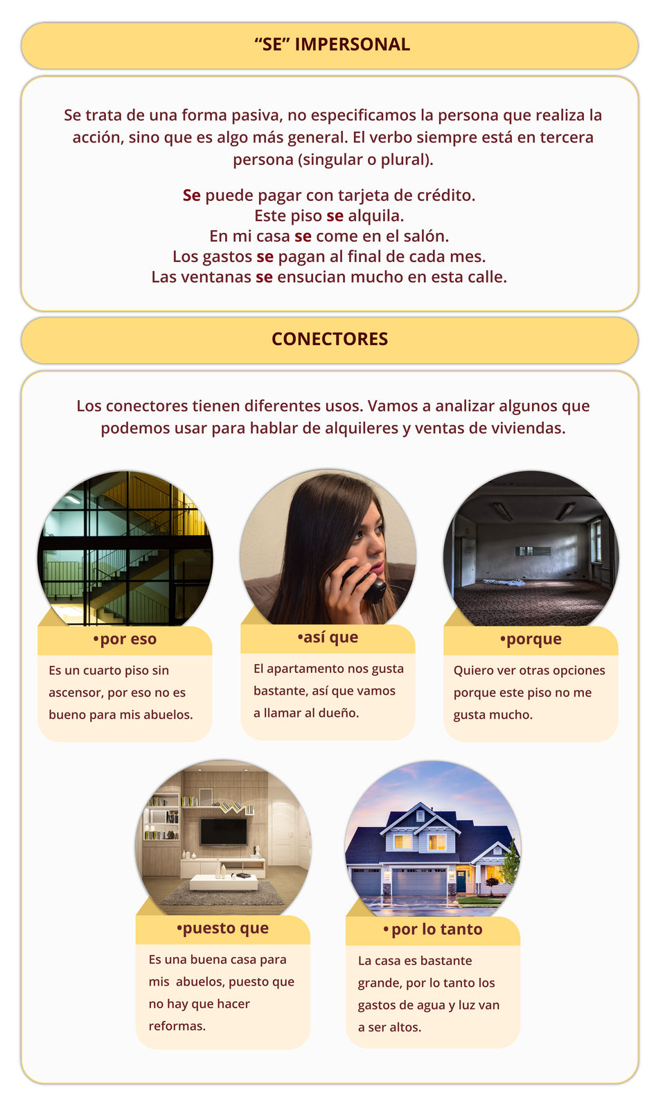 Tabela z zagadnieniami gramatycznymi. Pierwszą część rozpoczyna nagłówek “SE” IMPERSONAL. Poniżej tekst Se trata de una forma pasiva, no especificamos la persona que realiza la acción, sino que es algo más general. El verbo siempre está en tercera persona (singular o plural). i przykłady: Se puede pagar con tarjeta de crédito. Este piso se alquila. En mi casa se come en el salón. Los gastos se pagan al final de cada mes. Las ventanas se ensucian mucho en esta calle.
Drugą część tabeli rozpoczyna nagłówek CONECTORES. Następnie tekst Los conectores tienen diferentes usos. Vamos a analizar algunos que podemos usar para hablar de alquileres y ventas de viviendas. 
Poniżej znajduje się pięć zdjęć z wyróżnionymi hiszpańskimi zwrotami oraz przykładowymi zdaniami.
Zdjęcie schodów na klatce schodowej. Podpis: por eso. Zdanie: Es un cuarto piso sin ascensor, por eso no es bueno para mis abuelos.
Zdjęcie kobiety rozmawiającej przez telefon. Podpis: así que. Zdanie: El apartamento nos gusta bastante, así que vamos a llamar al dueño.
Zdjęcie ciemnego, nieumeblowanego pokoju. Podpis: porque. Zdanie: Quiero ver otras opciones porque este piso no me gusta mucho.
Zdjęcie beżowego, elegancko umeblowanego salonu. Podpis: puesto que. Zdanie: Es una buena casa para mis  abuelos, puesto que no hay que hacer reformas.
Zdjęcie dużego, ładnego, dwupiętrowego domu jednorodzinnego. Podpis: por lo tanto. Zdanie: La casa es bastante grande, por lo tanto los gastos de agua y luz van a ser altos.
