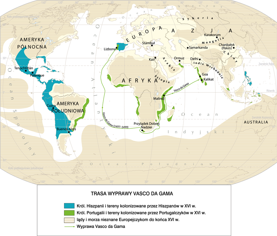 Mapa prezentuje przebieg wyprawy Vasco da Gama. Podróż rozpoczyna się w Lizbonie w Portugalii. Pierwszym etapem jest opłynięcie Afryki od południa, miajając Przylądek Dobrej Nadziei. Następnie dopłynął do Malindi, na wschodnim wybrzeżu kontynentu, po czym popłynął do zachodniego wybrzeża Indii.