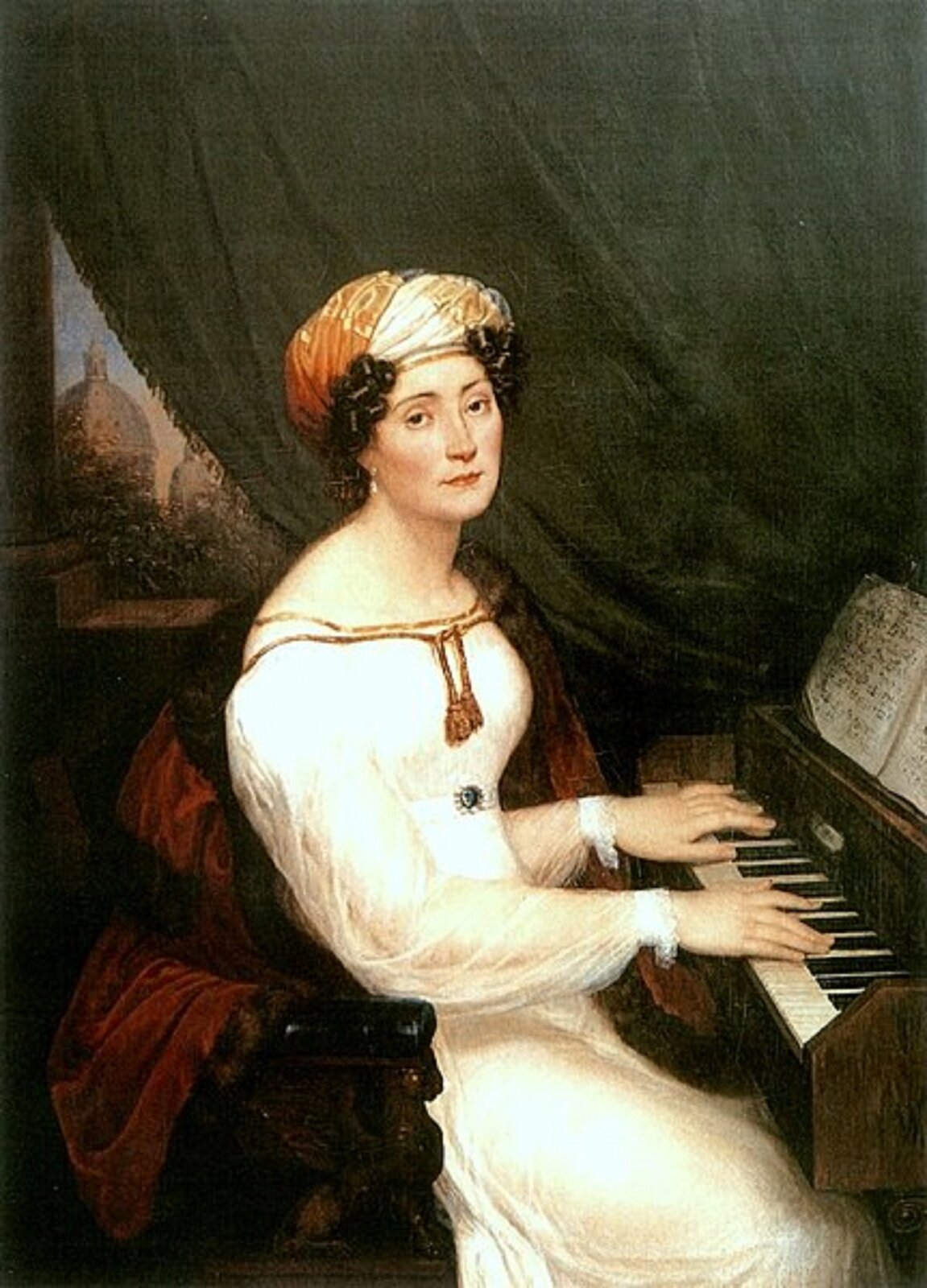 Ilustracja przedstawia portret Marii Szymanowskiej, która siedzi przy pianinie, na którym gra. Do portretu obróciła się twarzą, ma kręcone, ciemne włosy, na głowie ma zawinięty turban. Ubrana jest w białą suknię.