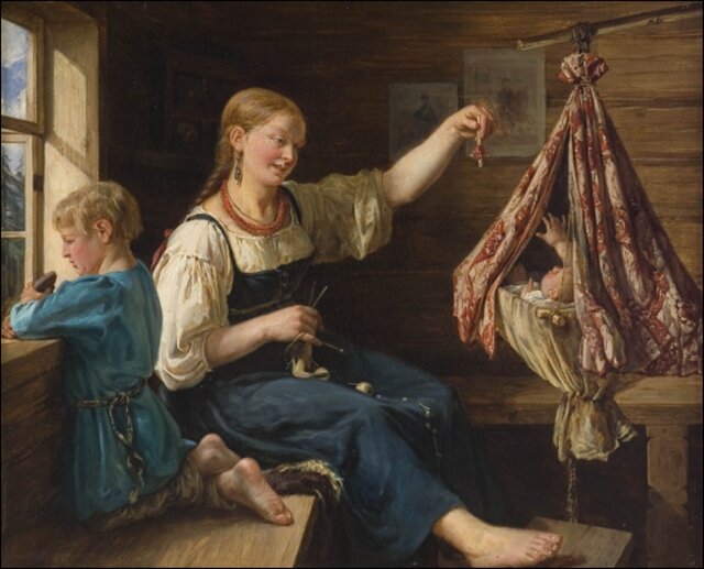 Na obrazie wnętrze wielskiej chaty. Na ławie siedzi młoda kobieta z warkoczem, która zabawia małe dziecko leżące w podwieszonej kołysce. Obok kobiety na ławie klęczy mały chłopiec, który wygląda przez okno.