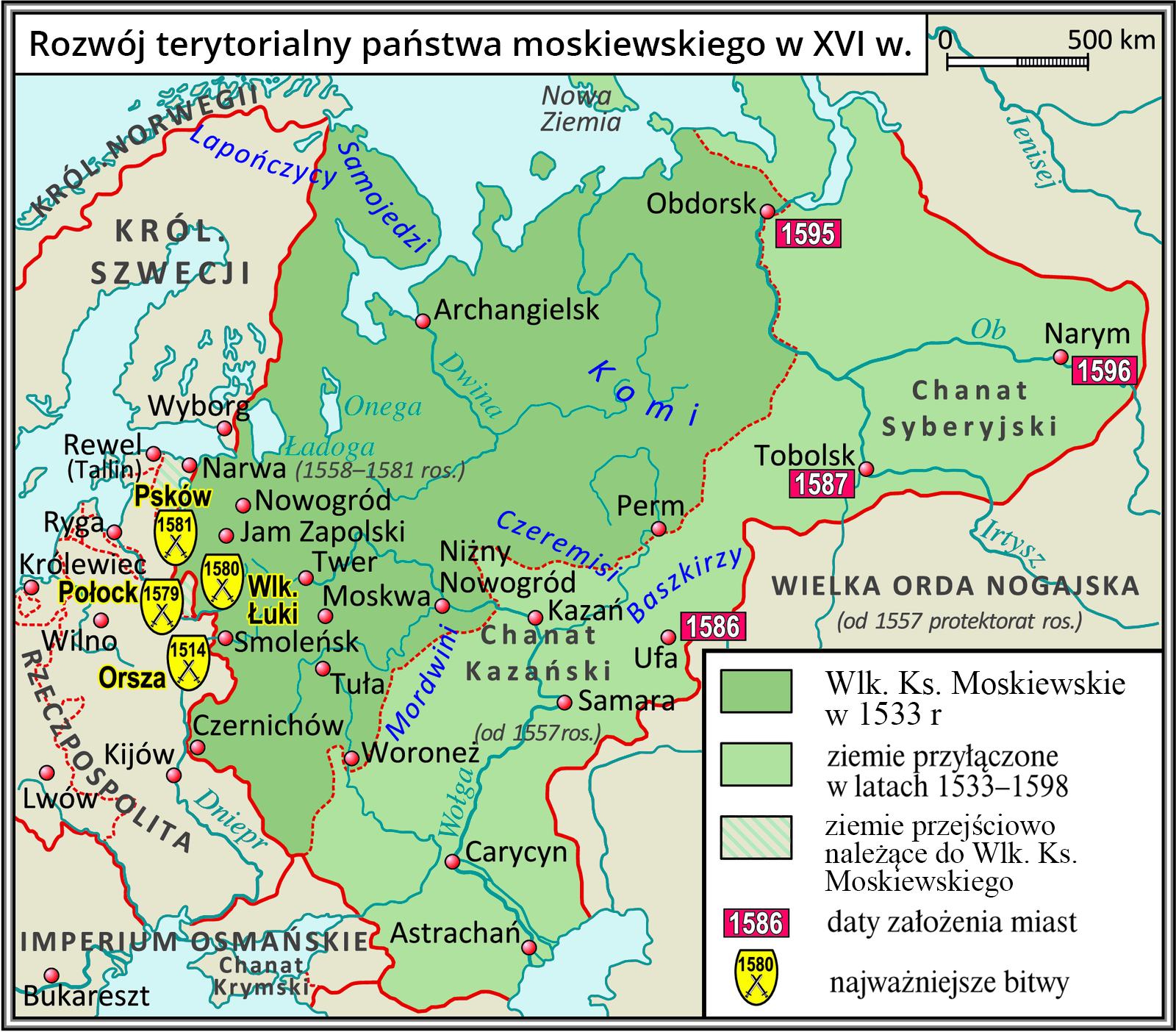 Mapa przedstawia rozwój terytorialny państwa moskiewskiego w XVI wieku. Na mapie zaznaczone zostały tereny Wielkiego Księstwa Moskiewskiego w 1533 roku obejmujące tereny od północy, od Morza Barentsa, poprzez Obdorsk, Perm, Woroneż na wschodzie i Czernichów, Smoleńsk do Narwy na północnym‑zachodzie. Ziemie przyłączone w latach 1533‑1598 obejmowały Chanat Syberyjski i Chanat Kazański aż po Astrachań. Na mapie zaznaczono także daty założenia miast: Obdorsk (1595), Narym (1596), Tobolsk (1587), Ufa (1586). Są na niej także wskazane najważniejsze bitwy: pod Pskowem (1581), Połockiem (1579), Wielkimi Łukami (1580) i Orszą (1514).