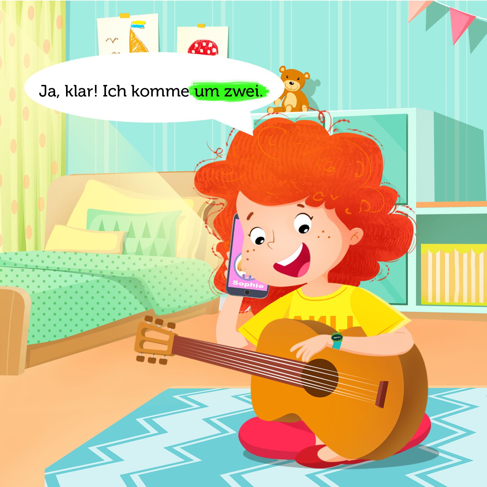 Ilustracja przedstawia dziewczynkę, Linę. Lina siedzi na dywanie z gitarą w rękach i rozmawia przez telefon. Nad nią widać dymek z napisem: Ja, klar! Ich komme um zwei. Wyrazy "um zwei" są zaznaczone kolorem. 