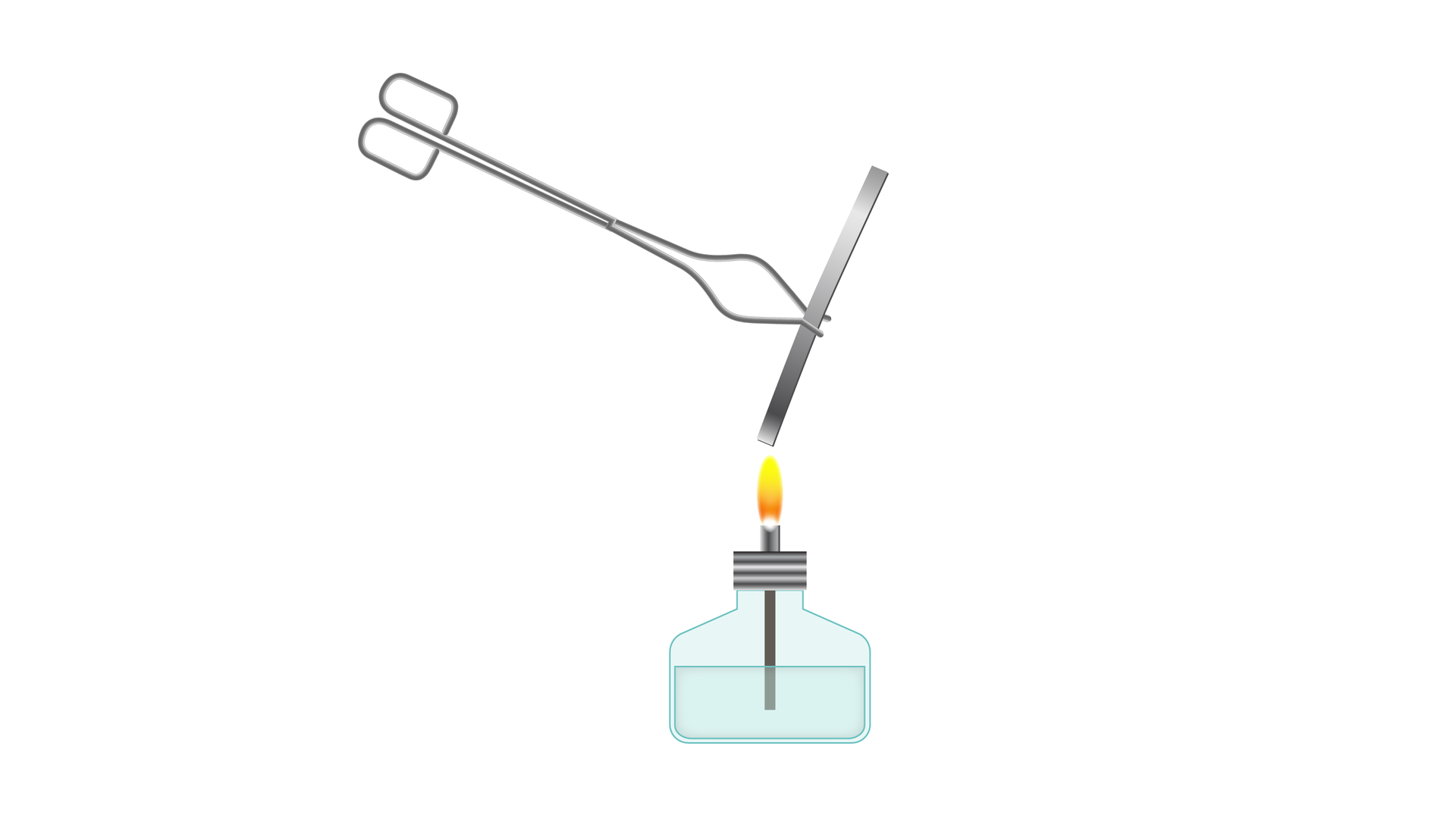 Ilustracja przedstawia zestaw laboratoryjny złożony z palnika, w którego płomieniu, przy pomocy szczypiec umieszczono wstążkę magnezu.