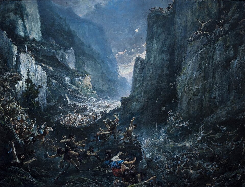 Obraz przedstawia scenę walki w wąwozie. Po prawej i lewej stronie znajdują się wysokie wzniesienia, w dole, w centralnej części obrazu dostrzegamy walczących ze sobą ludzi oraz mnóstwo martwych ciał. Wielu ludzi znajduje się także na skałach po obydwu stronach. Niebo spowijają ciemne chmury. Całość utrzymana jest w mrocznych barwach, dominującymi kolorami są granatowy i niebieski.