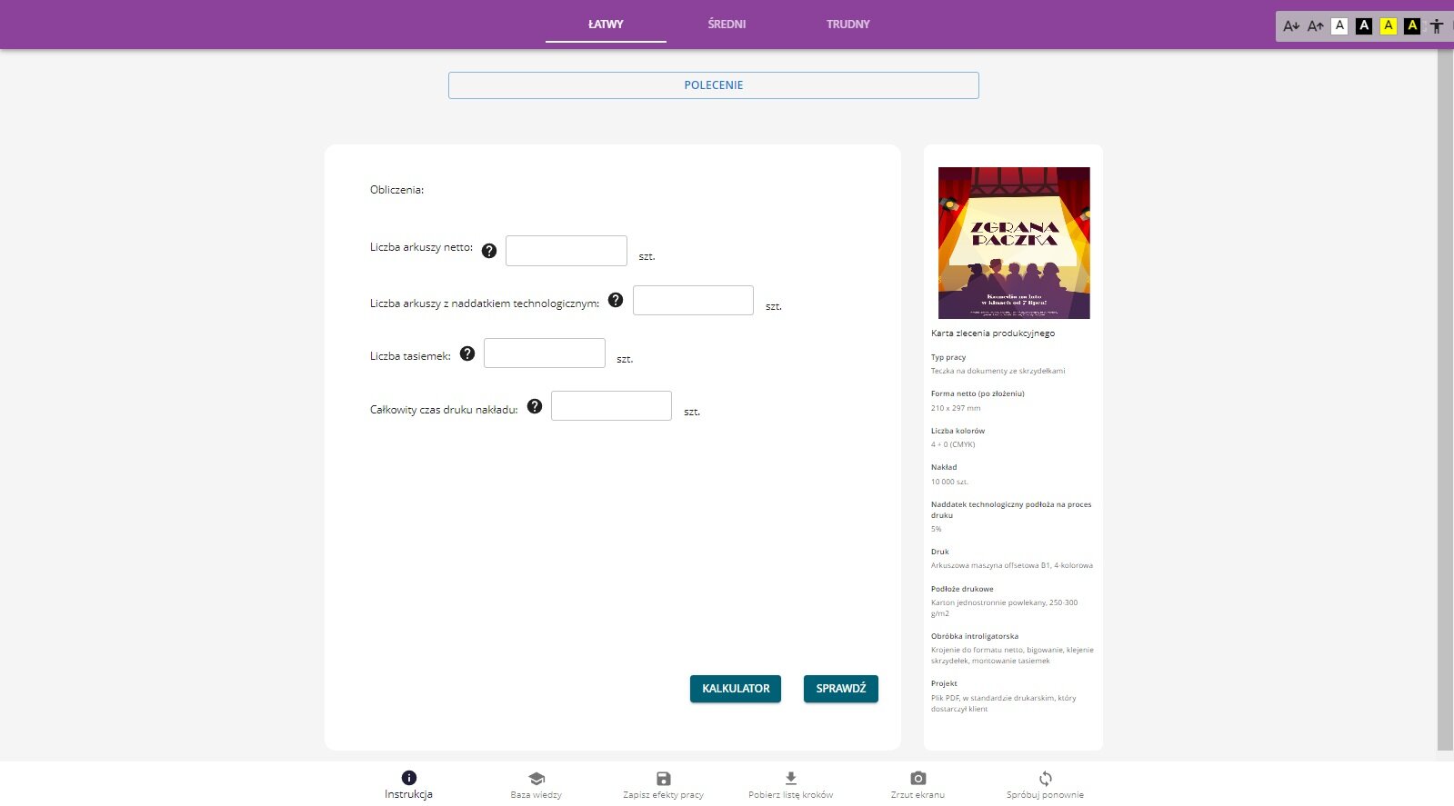 Grafika przedstawia widok przykładowego ekranu programu ćwiczeniowego do projektowania przez dobieranie. Widoczny jest ekran programu ćwiczeniowego z fioletowym poziomym paskiem menu u góry. Poniżej widoczne jest po lewej białe pole z polami do uzupełnienia i elementami zadania do wykonania. Po prawej stronie widoczne jest pole z podglądem wykonywanego zadania, z grafiką nawiązującą do treści zadania.