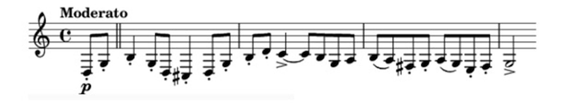 Ilustracja przedstawia zapis nutowy na pięciolinii utworu Siergieja Prokofiewa, „Piotruś i wilk”, temat kota – klarnet.