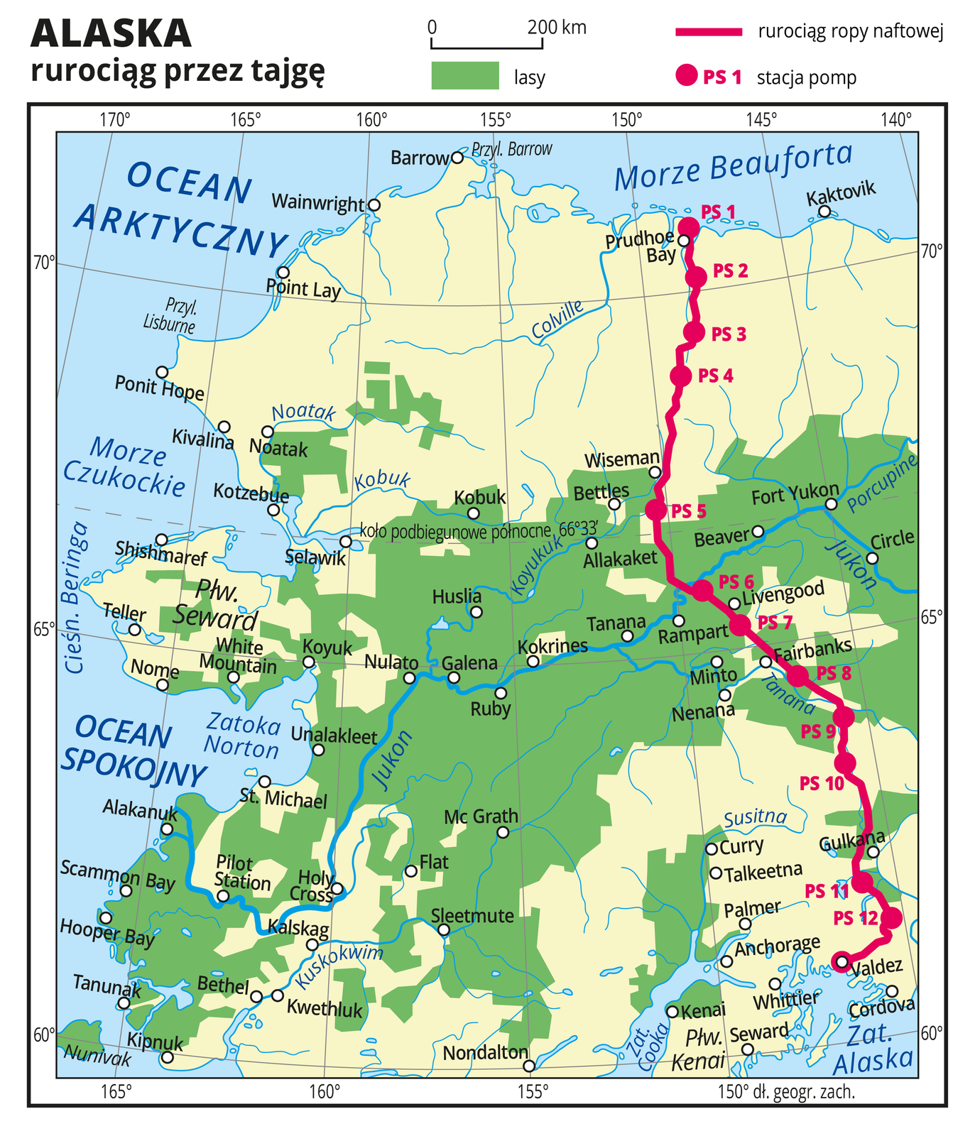 Ilustracja przedstawia mapę Alaski. Na mapie za pomocą czerwonej linii przedstawiono rurociąg ropy naftowej. Rurociąg przebiega z północy na południe. Czerwonymi punktami oznaczono stacje pomp i opisano je numerami od jeden do dwanaście. Na mapie przedstawiono i opisano rzeki, jeziora i miasta. Kolorem zielonym oznaczono występowanie lasów. Opisano oceany, morza i zatoki.Mapa pokryta jest równoleżnikami i południkami. Dookoła mapy w białej ramce opisano współrzędne geograficzne co pięć stopni.