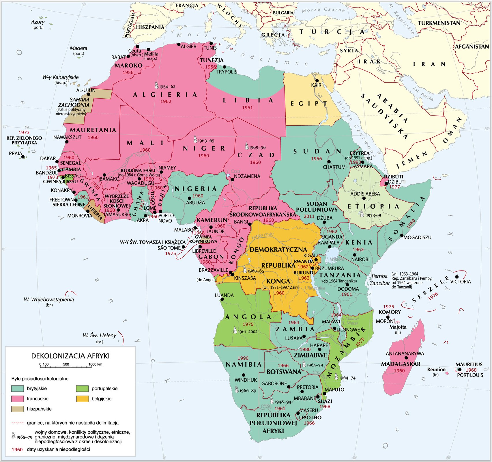 Mapa przedstawiająca proces dekolonizacji Afryki.