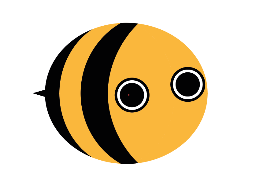 Ilustracja przedstawia żółtą elipsę z dwoma czarnymi półksiężycami oraz czarnym trójkątem wystającym z lewej strony. Na żółtym tle z prawej strony zostały ustawione dwa koła z czarną obwódką, białym pierścieniem i czarnym środkiem, tworzące oczy pszczoły.