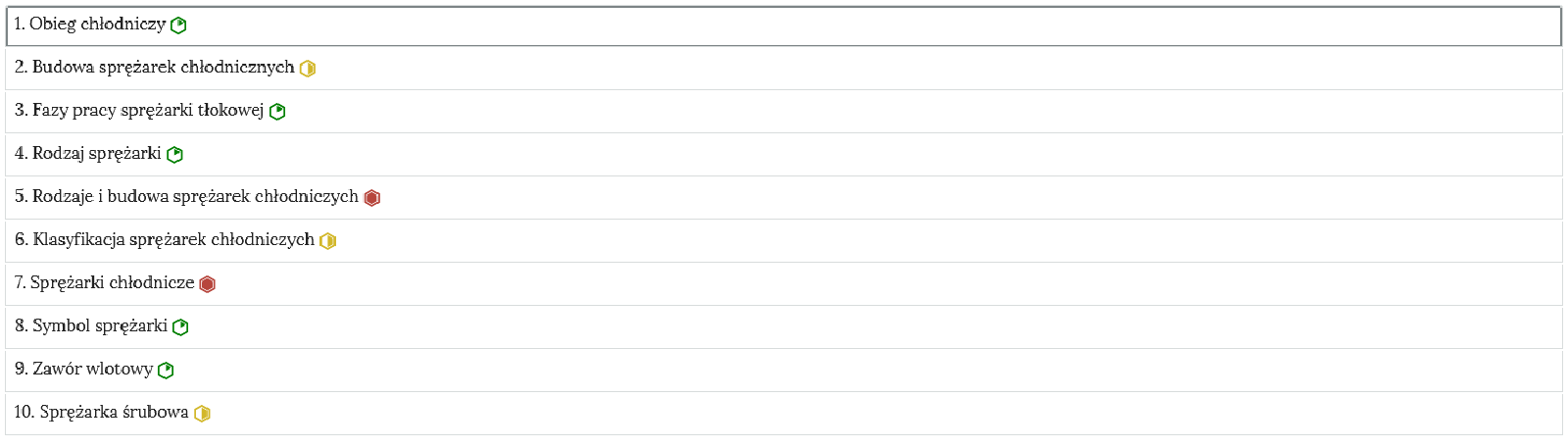Na ilustracji jest przykładowy wygląd zakładek zawierających interaktywne materiały sprawdzające. Zawiera podpunkty od jeden do dziesięć i każdy ma tytuł, którego materiału dotyczy. Obok każdego ćwiczenia oznaczony jest jego poziom trudności.