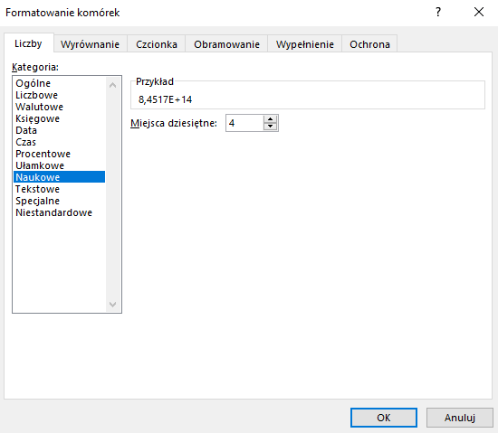Ilustracja przedstawia otwarte okno programu zatytułowane Formatowanie komórek. U góry wybrano kategorię Liczny, a następnie w opcji kategorie wybrano opcję Naukowe. Po prawej w opcji Miejsca dziesiętne wybrano liczbę 4. Na dole okna wybrano opcję OK. 