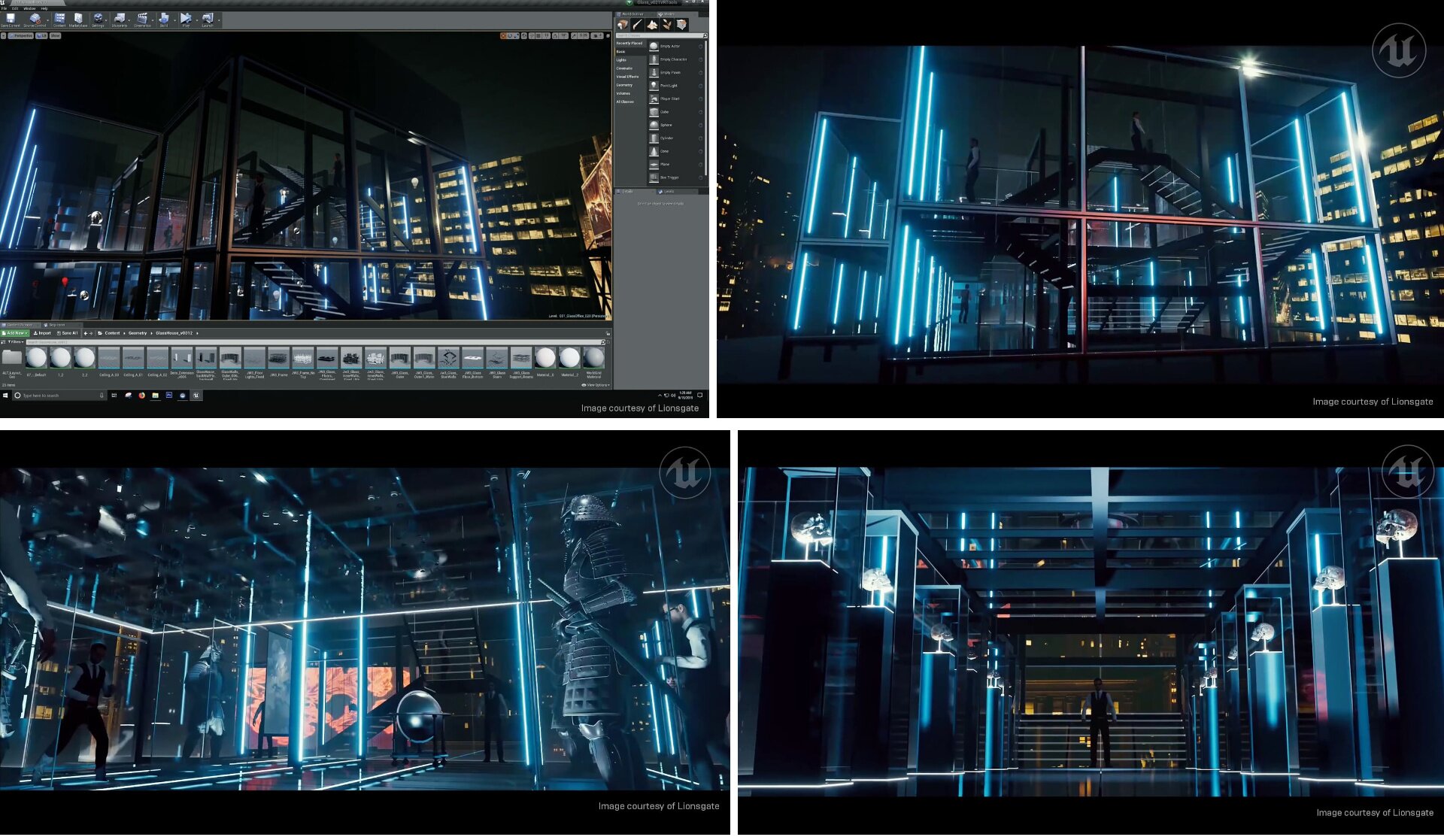 Ilustracja interaktywna przedstawia proces powstawania i kadry z filmu „John Wick: Rozdział 3 - Parabellum”. Składa się z 4 Ilustracji. Pierwsza to zrzut ekranu, który przedstawia program komputerowy ze szklanym budynkiem. W środku są schody i zarysy postaci. W tle znajduje się inny wysoki budynek z włączonymi światłami. Na zewnątrz jest ciemno. Druga ilustracja przedstawia ten sam szklany budynek, ale z innej strony. Na schodach oraz w głębi korytarza znajdują się postaci. W tle są wysokie budynki. W niektórych oknach budynków są zapalone światła. Na zewnątrz jest ciemno. Trzecia ilustracja przedstawia wnętrze szklanego budynku. Znajduje się w nim kilka postaci i jest stosunkowo ciemno. Czwarta ilustracja przedstawia inne pomieszczenie w szklanym budynku. Jest to korytarz, po którego dwóch stronach stoją gablotki z podświetlanymi czaszkami. Na końcu korytarza stoi postać w czarnych spodniach i kamizelce oraz białej koszuli. W tym pomieszczeniu również jest stosunkowo ciemno. 