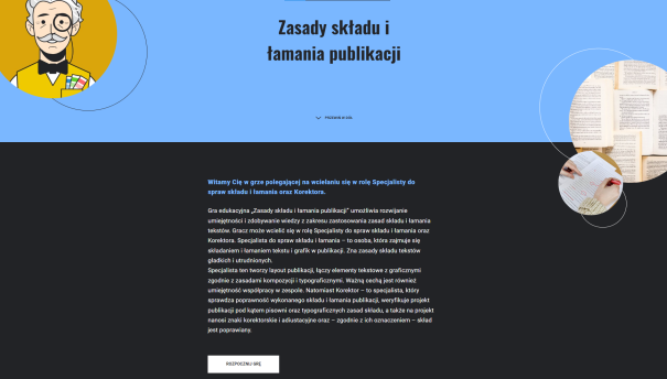 Widok ekranu gry edukacyjnej Zasady składu i łamania publikacji