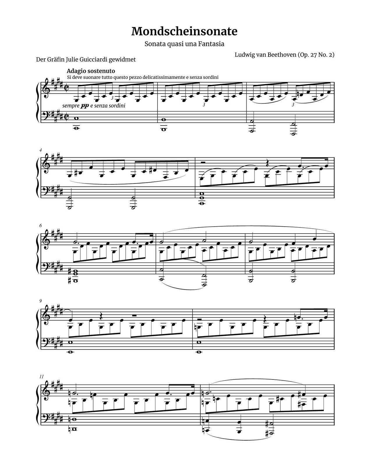 Grafika przedstawia partyturę sonaty fortepianowej op. 27 nr 2 „Księżycowej” autorstwa Ludwiga van Beethovena [czytaj: ludwiga wan betowena]. Utwór jest napisany w metrum alla breve [czytaj: ala brewe], czyli dwie drugie, w tonacji cis‑moll i tempie adagio sostenuto [czytaj: adadżjo sostenuto], czyli powoli oraz powściągliwie. Fragment partytury ma jedną stronę i zapisano w nim dwanaście pierwszych taktów utworu. W partyturze znajduje się partia fortepianu w dwóch kluczach: wiolinowym oraz basowym. W pierwszej linijce partytury zapisano takty od pierwszego do trzeciego. W kluczu wiolinowym w pierwszym takcie grane są triole ósemkowe, za każdym razem złożone z dźwięków gis, cis oraz e, czyli z rozłożonego akordu cis‑moll w drugim przewrocie. Triola‑akord jest powtórzona cztery razy, na każdą miarę. W kluczu basowym w pierwszym takcie grany jest dwudźwięk‑cała nuta, złożony z dwóch dźwięków cis, zagranych w oktawie. W kluczu wiolinowym drugi takt jest dokładnie taki sam, z powtórzoną cztery razy triolą ósemkową z rozłożonym akordem cis‑moll (czyli ponownie dźwięki gis‑cis‑e). W kluczu basowym w takcie drugim ponownie wykonywany jest dwudźwięk‑cała nuta, tym razem złożony z dwóch dźwięków h, ponownie zagranych w oktawie. W kluczu wiolinowym w takcie trzecim ponownie wszystkie dźwięki to triole ósemkowe; na pierwszą miarę grane są a, cis oraz e, czyli rozłożony trójdźwięk A‑dur, na drugą miarę dokładnie ten sam trójdźwięk oraz dźwięki, na trzecią miarę dźwięki a, d oraz fis, czyli rozłożony trójdźwięk D‑dur, i ponownie D‑dur na miarę czwartą. W kluczu basowym na pierwszą miarę grany jest dwudźwięk‑półnuta a w oktawie, a na miarę trzecią dwudźwięk‑półnuta fis w oktawie. W drugiej linijce partytury zapisano takty czwarty oraz piąty. W kluczu wiolinowym w takcie czwartym również wszystkie dźwięki to triole ósemkowe; na pierwszą miarę grane są gis, his oraz fis, na miarę drugą gis, cis oraz e, na trzecią miarę gis, cis oraz dis, a na miarę czwartą fis, his oraz dis. W kluczu basowym na pierwsze dwie miary zapisano dwudźwięk‑półnutę gis w oktawie, która powtarza się na miary trzecią oraz czwartą. W piątym takcie w górnym głosie na pierwszą miarę zapisano pauzę półnutową, na trzecią miarę pauzę ćwierćnutową, a na miarę czwartą ósemkę z kropką gis oraz szesnastkę gis. W dolnym głosie pierwsza miara jest przeniesiona do klucza basowego: na pierwszą miarę zapisano triolę ósemkową, złożoną z dźwięków e, gis oraz cis, czyli rozłożony akord cis‑moll w pierwszym przewrocie, na drugą miarę ponownie triolę ósemkową z dźwięków gis, cis oraz e, na trzecią miarę jeszcze raz triolę ósemkową gis, cis oraz e i na miarę czwartą ostatni raz triolę ósemkową gis, cis, e, a więc rozłożony akord cis‑moll w drugim przewrocie. W kluczu basowym w niższej partii grany jest trójdźwięk‑cała nuta, złożony z dźwięków cis, gis oraz cis oktawę wyżej. W trzeciej linijce partytury zapisano takty od szóstego do ósmego. W szóstym takcie w głosie górnym grana jest półnuta z kropką gis na pierwszą miarę, a na miarę czwartą ósemka z kropką gis oraz szesnastka gis. W głosie dolnym na każdą miarę wykonywana jest triola ósemkowa, złożona z dźwięków gis, dis oraz fis. W kluczu basowym na pierwszą miarę zapisany jest trójdźwięk‑cała nuta, złożona z dźwięków his, gis oraz ponownie his o oktawę wyżej. W kluczu wiolinowym w takcie siódmym w górnym głosie na pierwszą miarę grana jest półnuta gis, a na miarę trzecią półnuta a. W dolnym głosie na pierwsze dwie miary zapisane są triole ósemkowe, złożone z dźwięków gis, cis oraz e, czyli z rozłożonym akordem cis‑moll w drugim przewrocie, a na miary trzecią oraz czwartą triole ósemkowe złożone z nut a, cis oraz fis, czyli z akordem fis‑moll w pierwszym przewrocie. W kluczu basowym w takcie siódmym na pierwszą miarę zapisana jest półnuta‑dwudźwięk złożona z dźwięku cis w oktawie, a na miarę trzecią półnuta‑dwudźwięk, złożona z dźwięku fis w oktawie. W ósmym takcie w górnym głosie na pierwszą miarę grana jest półnuta gis, na miarę trzecią ćwierćnuta fis, a na miarę czwartą ćwierćnuta h. Wszystkie dźwięki z górnego głosu spięte są linią jako jedna fraza, która kończy się w takcie kolejnym. W dolnym głosie na wszystkie miary zapisane są triole ósemkowe: na pierwsze dwie miary złożone z dźwięków gis, h oraz e, czyli z akordem E‑dur w pierwszym przewrocie, a na miary trzecią oraz czwartą złożone z nut a, h oraz dis. W kluczu basowym na pierwszą oraz trzecią miarę zapisane są półnuty‑dwudźwięki, złożone z dźwięków h w oktawie. W czwartej linijce partytury zapisano takty dziewiąty oraz dziesiąty. W takcie dziewiątym w górnym głosie zapisano na pierwszą miarę ćwierćnutę e, na której kończy się fraza z taktu poprzedniego; dalej, na miarę drugą zapisano pauzę ćwierćnutową, a na trzecią i czwartą miarę pauzę półnutową. W głosie dolnym na każdą miarę grana jest triola ósemkowa, złożona z dźwięków gis, h oraz e, czyli rozłożony akord E‑dur w pierwszym przewrocie. W kluczu basowym grana jest cała nuta‑dwudźwięk, złożona z dźwięków e w oktawie. W kluczu wiolinowym w dziesiątym takcie w górnym głosie na pierwszą miarę zapisano pauzę półnutową, na miarę trzecią pauzę ćwierćnutową, a na czwartą miarę ósemkę z kropką g oraz szesnastkę g. W dolnym głosie ponownie na każdą miarę grane są triole ósemkowe, tym razem złożone z dźwięków g, h oraz e, czyli akord e‑moll w pierwszym przewrocie. W kluczu basowym w takcie dziesiątym grana jest cała nuta‑dwudźwięk, złożona z dźwięków e w oktawie. W linijce piątej zapisano ostatnie dwa takty – jedenasty oraz dwunasty. W takcie jedenastym w górnym głosie na miarę pierwszą zapisano półnutę z kropką g, a na miarę czwartą najpierw ósemkę z kropką g, a dalej szesnastkę g. W dolnym głosie na wszystkie miary grane są triole ósemkowe, złożone z dźwięków g, h oraz f, tworzące dominantę septymową g bez kwinty. W kluczu basowym zapisano całą nutę‑dwudźwięk, złożoną z dwóch dźwięków d w oktawie. W takcie dwunastym na pierwszą miarę w górnym głosie grana jest półnuta z kropką g, a na miarę czwartą ćwierćnuta fis. W głosie dolnym na pierwszą miarę zapisano triolę ósemkową, złożoną z dźwięków g, c oraz e, czyli rozłożony akord C‑dur w drugim przewrocie, na drugą miarę triolę ósemkową, złożoną z nut g, h oraz e, czyli rozłożony akord e‑moll w pierwszym przewrocie, na miarę trzecią triolę ósemkową z dźwięków g, cis oraz e, czyli rozłożony akord E‑dur w pierwszym przewrocie, a na czwartą miarę przeniesioną do klucza basowego triolę ósemkową, złożoną z dźwięków fis, cis oraz e. W kluczu basowym na pierwszą miarę zapisano ćwierćnutę‑dwudźwięk, złożoną z dwóch dźwięków c zagranych w oktawie, na drugą miarę ćwierćnutę‑dwudźwięk, złożoną z zagranych w oktawie dźwięków h, a na miarę trzecią półnutę‑dwudźwięk, czyli zagrane w oktawie ais.