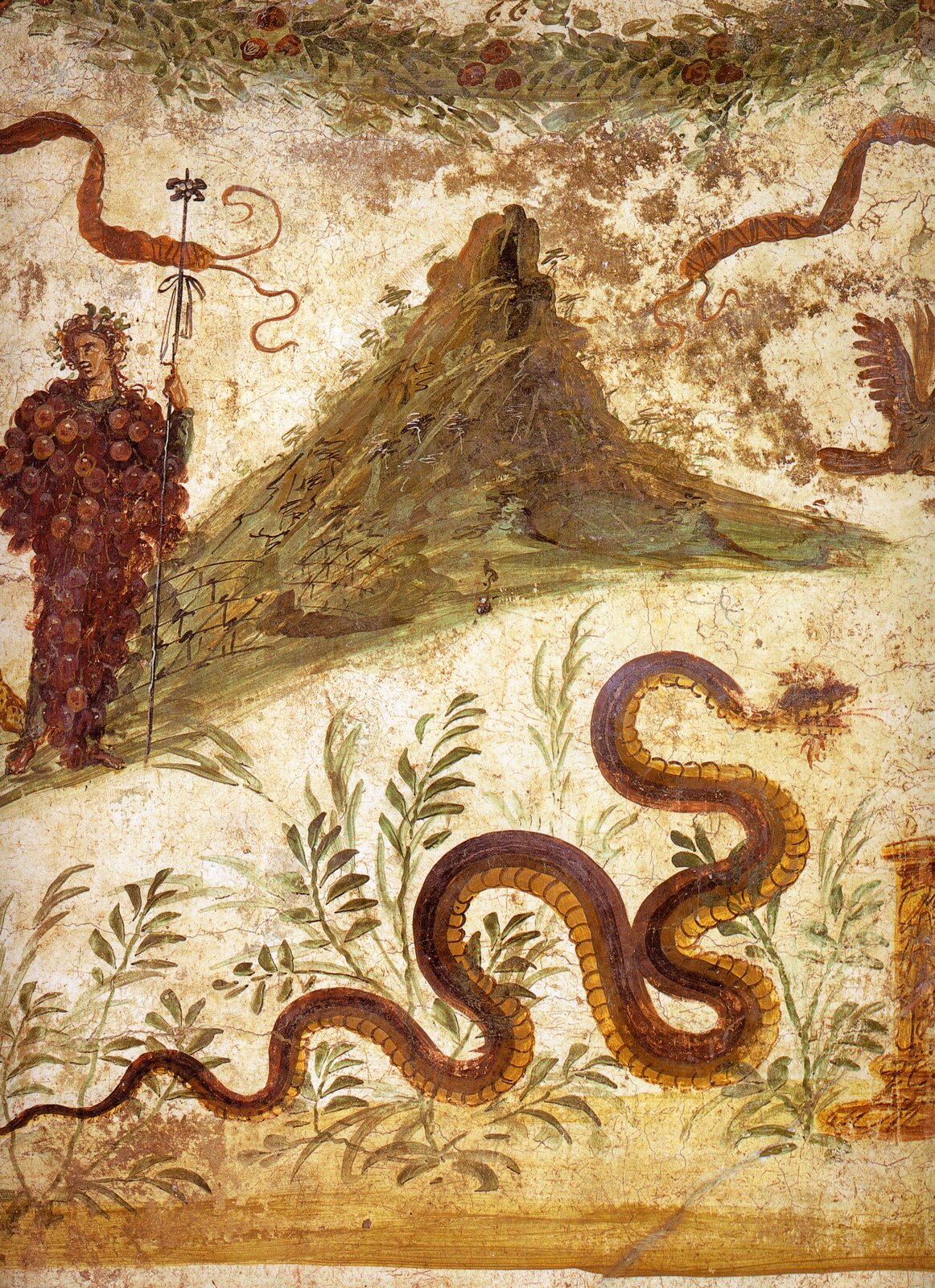 Ilustracja przedstawia obraz „Bachus i wąż” autorstwa Wolfganga Riegera. Obraz ukazuje węża, który pełza po ziemi. Na drugim planie widoczna jest postać Bachusa w bordowej szacie przypominającej wyglądem kiść winogrona. Postać w prawej dłoni trzyma wysoki, cienki przedmiot.  W tle widoczna jest góra.