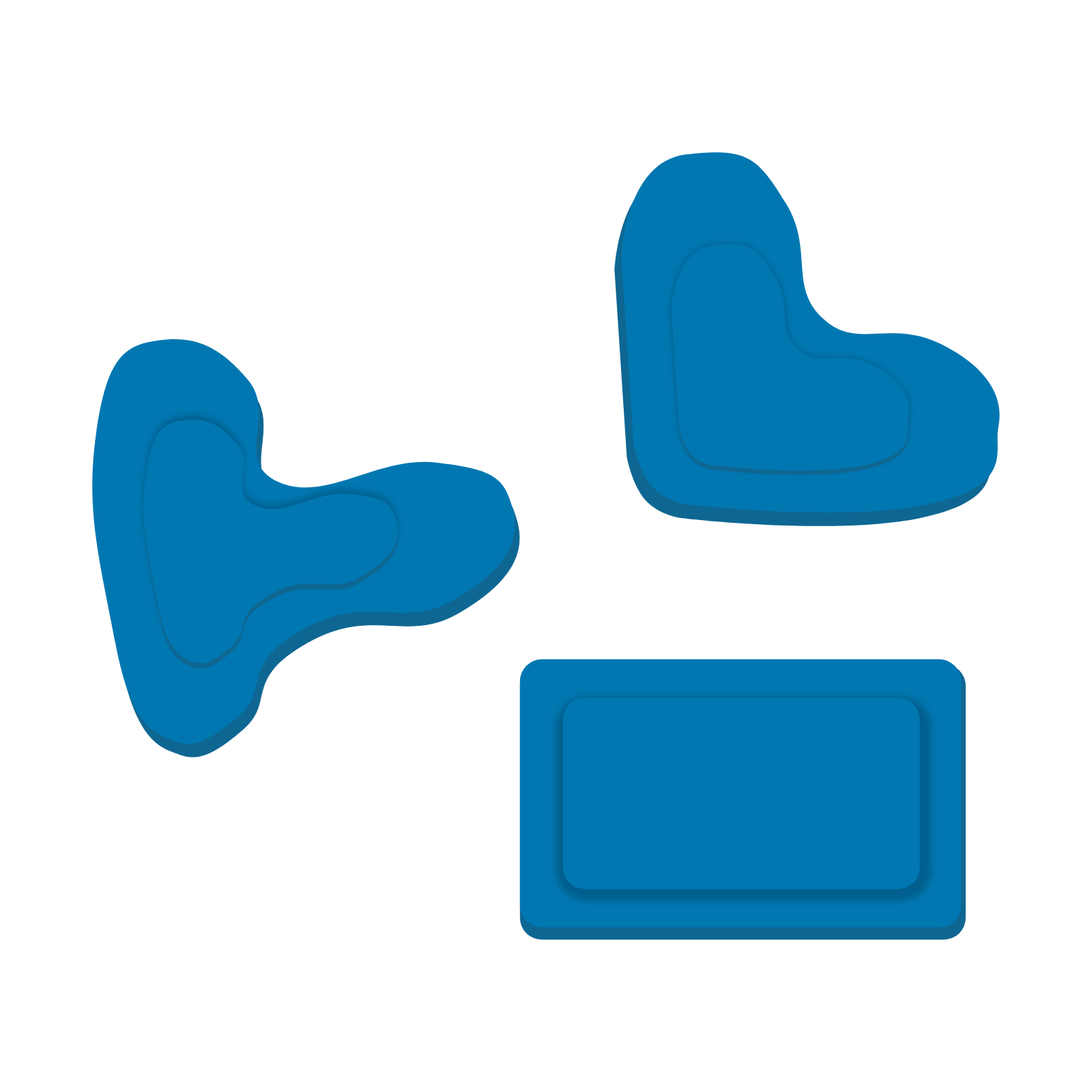 Grafika przedstawiająca prostokąt i dwie figury o nieregularnych kształtach i zaokrąglonych brzegach.
