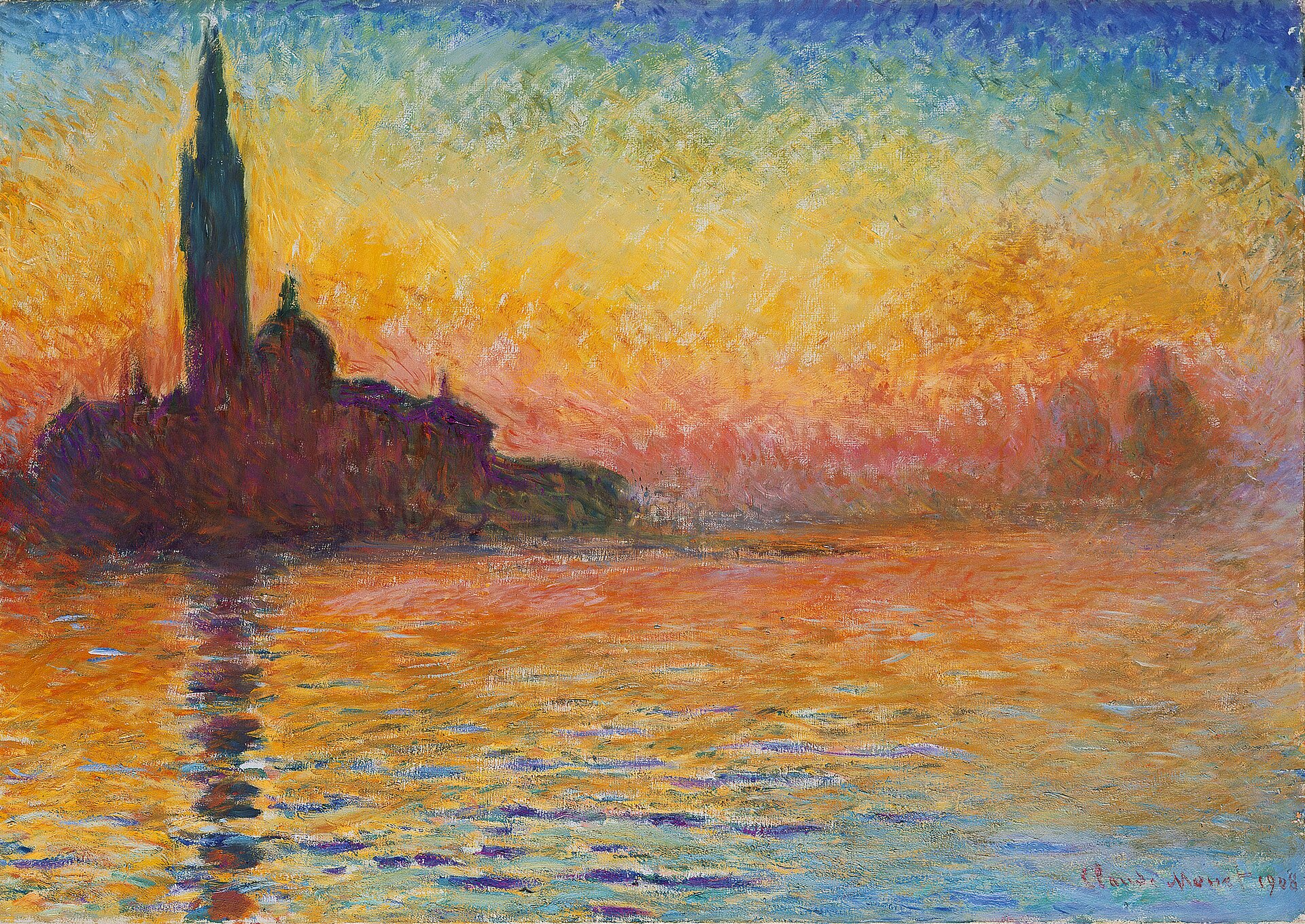 Ilustracja przedstawia obraz olejny „San Giorgio Maggiore o zachodzie słońca” namalowany przez Claude'a Moneta. Dzieło ukazuje kościół na tle zachodzącego słońca. Wieża budowli odbija się w drobnych falach zatoki. Obraz namalowany jest drobnymi plamkami czystego koloru. Czerwono-żółto-oranżowe muśnięcia pędzla oddają efekt zachodzącego słońca, odbijającego się w tafli wody. W ciemnej plamie kościoła pojawiają się fiolety, odcienie czerwonoczarne oraz barwy ciemnoniebieskie. W górnej części obrazu niebo jest błękitne. Ten sam kolor odbija się w wodzie, w dolnej partii dzieła. Obraz namalowany jest szeroką gamą barw: od ciepłych oranżów, żółcieni, brązów i fioletów, po chłodne błękity.