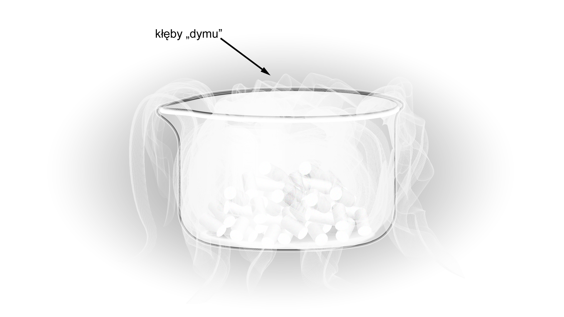 Ilustracja przedstawia zlewkę z suchym lodem, zalanym wodą. Ze zlewki wydobywają się kłęby białego dymu.