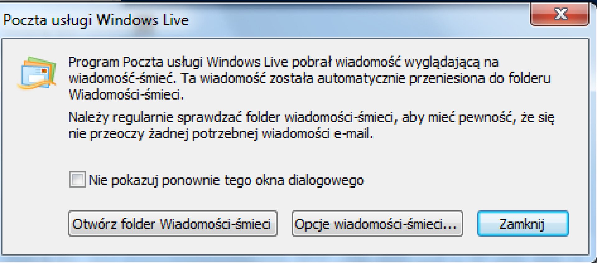 Komunikat automatycznego przekierowania poczty przychodzącej do folderu ze śmieciami