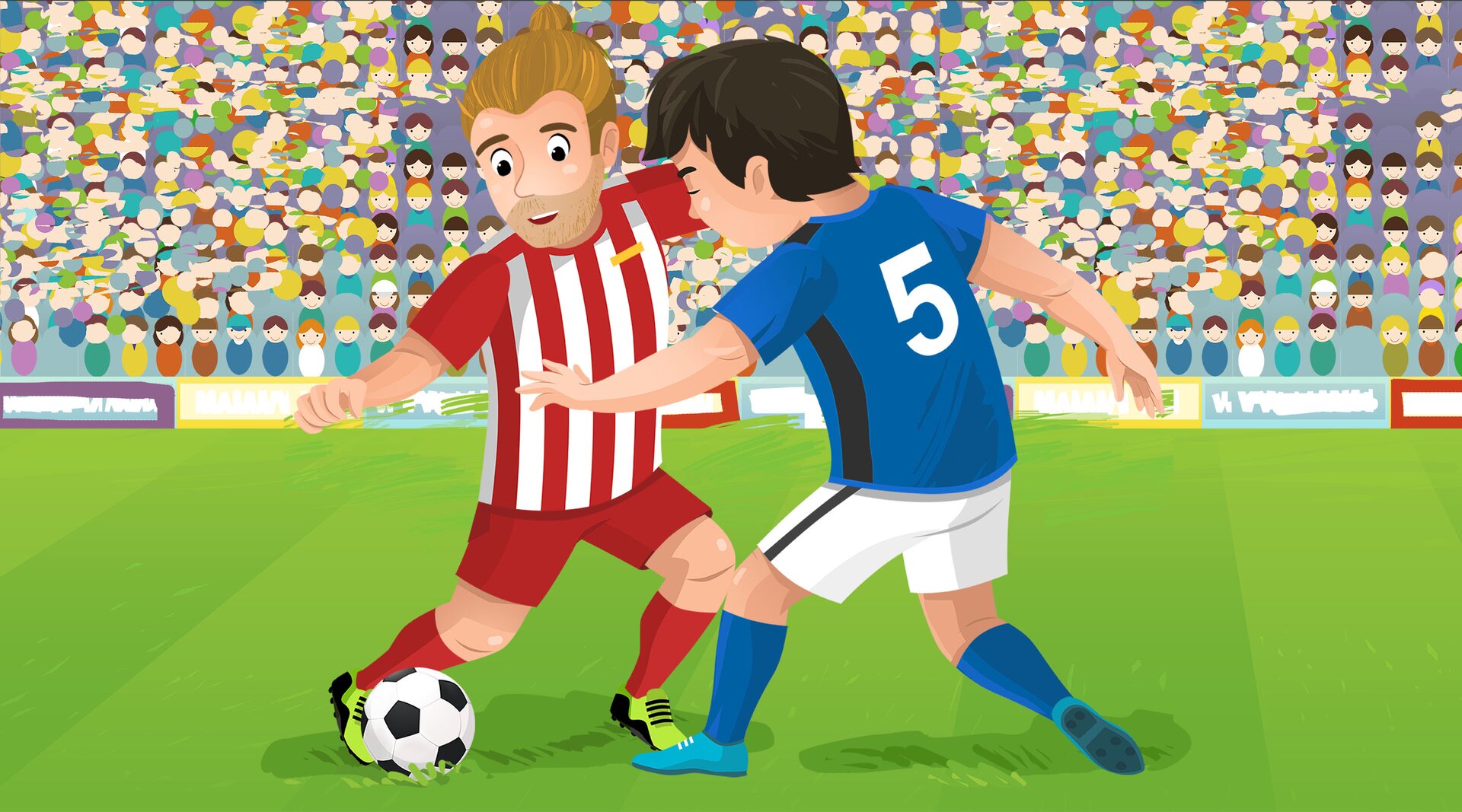 Na ilustracji znajduje się dwóch piłkarzy rywalizujących o przejęcie piłki na boisku. W tle znajdują się pełne kibiców trybuny.