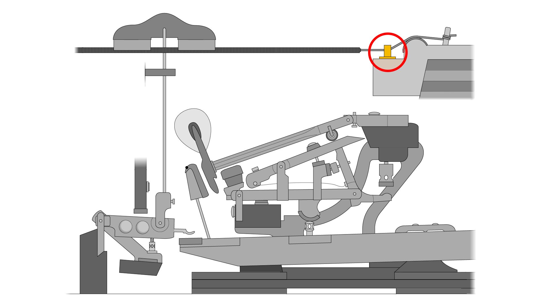 Grafika przedstawia mechanizm fortepianowy. Agrafa została zaznaczona czerwoną obwódką, a dodatkowo pozostałe elementy są w odcieniach szarości dla lepszego uwidocznienia.