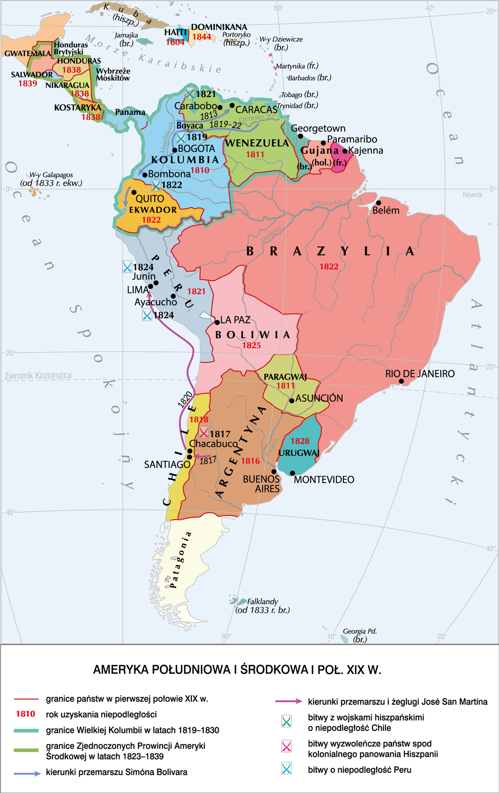 Mapa Ameryki Południowej i Środkowej w I połowie XIX wieku. Po lewej jest Ocean Spokojny, a po prawej Ocean Atlantycki. Mapa przedstawia granice państw wraz z datą uzyskania przez nie niepodległości. Brazylia 1822. Boliwia 1825. Peru 1821. Ekwador 1822. Kolumbia 1810. Wenezuela 1811. Salwador 1839. Nikaragua 1838. Kostaryka 1838. Haiti 1804. Dominikana 1844. Paragwaj 1811. Argentyna 1816. Chile 1818. Urugwaj 1828.  
