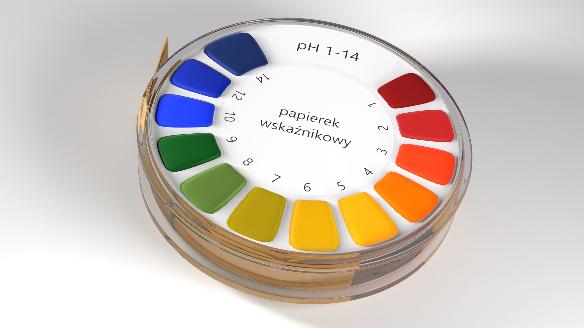 Ilustracja przedstawiająca rolkę z nawiniętym papierkiem wskaźnikowym. Na wierzchu rolki skala pH od jednego do czternastu. Swoisty kolor papierka jest żółty. Od pH równego 14 zaznaczonego po lewej stronie, przy którym papierek barwi się na granatowo, dalej, idąc w prawo, pH równe dwanaście dla koloru niebieskiego. Dla koloru jasnoniebieskiego pH wynoszące dziesięć, dla ciemnozielonego pH równe dziewięć, dalej dla jasnozielonego pH wynoszące osiem. Dla pH równego siedem papierek zachowuje swoistą barwę, to jest żółtą. Następnie dla pH równego sześć barwi się na ciemnożółty kolor, przechodząc coraz bardziej w prawą stronę, dla pH pięć przyjmuje zabarwienie jasnopomarańczowe, dla pH cztery pomarańczowe, dla pH trzy ciemnopomarańczowe, dla pH równego dwa czerwone i wreszcie najbardziej po prawo dla pH wynoszącego jeden barwa ciemnoczerwona.