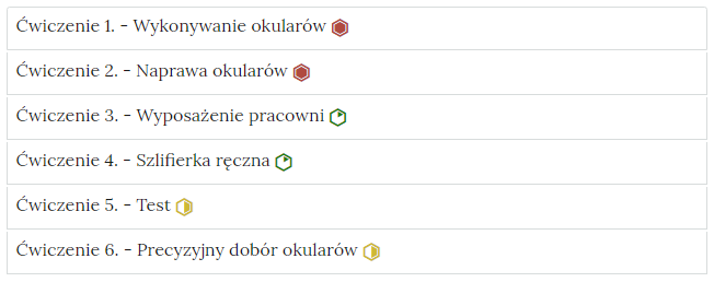 Grafika przedstawia wygląd zakładek z ćwiczeniami. Zakładki są poziomymi paskami. Każda posiada numer ćwiczenia i tytuł, który wskazuje, czego dotyczą zamieszczone w zakładce ćwiczenia oraz poziom trudności. Przykład tekstu na pasku zakładki. Ćwiczenie 1 myślnik wykonywania okularów.