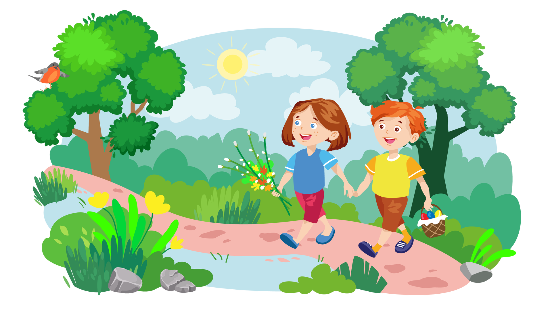 Ilustracja przedstawia leśny krajobraz. W tle widać błękitne niebo ze słońcem i jasnymi chmurami. Dookoła rozciąga się rozległy teren porośnięty zielenią. Po prawej stronie rośnie duże drzewo liściaste, a po lewej kolejne, na którym siedzi ptak o czerwonym brzuszku i szarobrązowym upierzeniu na głowie, skrzydłach oraz grzbiecie. Na pierwszym planie rosną żółte kwiaty, a obok nich widać kępki trawy i pojedyncze szare kamienie. Przez środek ilustracji biegnie ścieżka, którą idą uśmiechnięci Maja i Franek, kierując się w lewą stronę. Dzieci trzymają się za ręce. Maja w prawej ręce niesie palmę wielkanocną, a Franek w lewej ręce niesie brązowy koszyk z białą serwetką i kolorowymi pisankami.