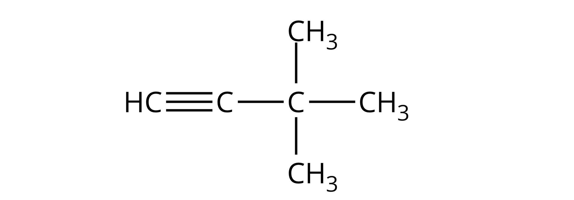Ilustracja przedstawia cząsteczkę 3,3-dimetylobut-1-ynu. Budowa: atom wodoru H połączony z atomem węgla C. Ten atom węgla tworzy wiązanie potrójne z kolejnym atomem węgla, połączonym wiązaniem pojedynczym z atomem węgla, który tworzy trzy wiązania z trzema grupami CH3.