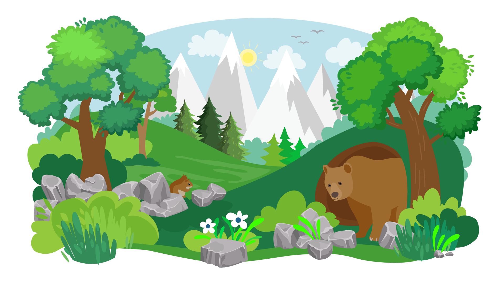 Ilustracja przedstawia górski krajobraz. W tle widać błękitne niebo, słońce, trzy białe chmury i trzy ptaki w locie, a także zarys gór o ośnieżonych szczytach. Bliżej znajduje się zielony teren, który porastają kwiaty, krzewy i różnej wielkości drzewa liściaste i iglaste. W kilku miejscach są skupiska kamieni. Na środku ilustracji siedzi za jednym z kamieni brązowa wiewiórka. Po prawej stronie znajduje się jaskinia, z której wyłania się duży brązowy niedźwiedź.