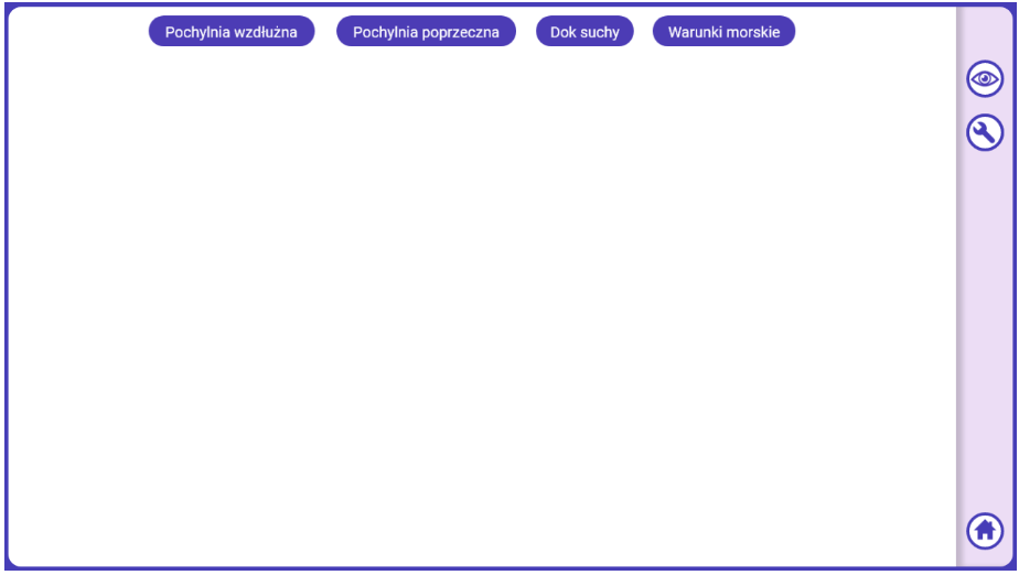 Grafika przedstawia ekran główny symulatora. W górnej części znajdują się cztery przyciski: pochylnia wzdłużna, pochylnia poprzeczna, suchy dok i warunki morskie. Po prawej stronie symulatora widać trzy przyciski. Przycisk z obrazkiem oka pozwala na wybór widoku na statek, na przykład od strony burty. Przycisk z obrazem klucza francuskiego pozwala na wybór rozmieszczenia podpór lub ładunku. Przycisk domku pozwala na powrót do ekranu startowego symulatora.