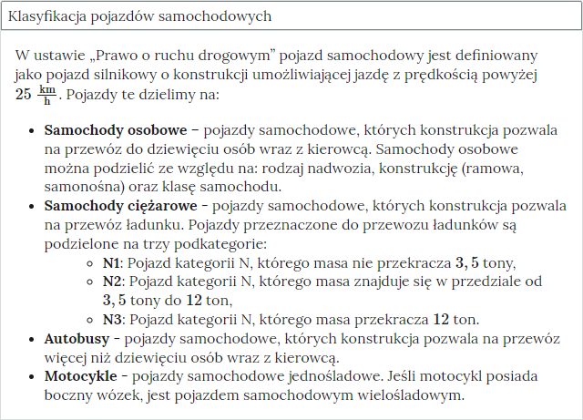 Przykładowy widok rozwiniętej zakładki w atlasie interaktywnym. Zakładka dotyczy klasyfikacji pojazdów samochodowych. Poniżej rozbudowany opis. 