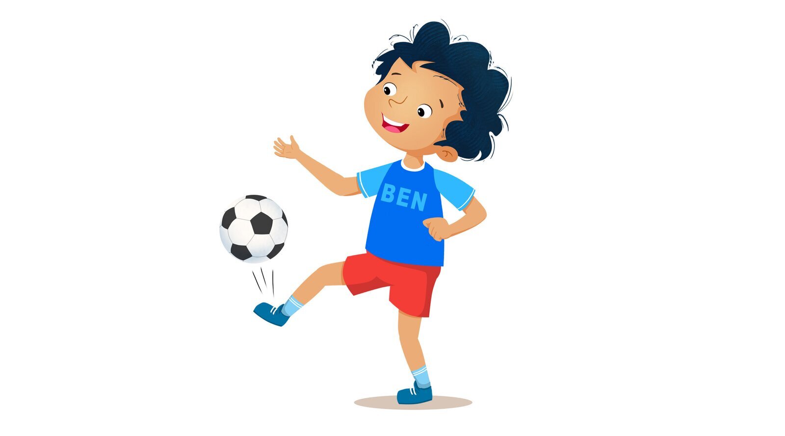 Na ilustracji znajduje się chłopiec z piłką do nogi. To Ben.