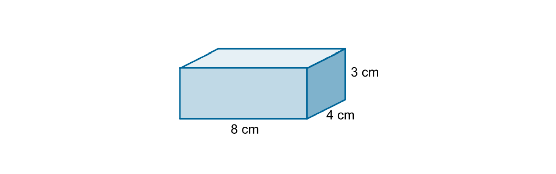 Rysunek prostopadłościanu o krawędziach równych 8 cm, 4 cm i 3 cm.