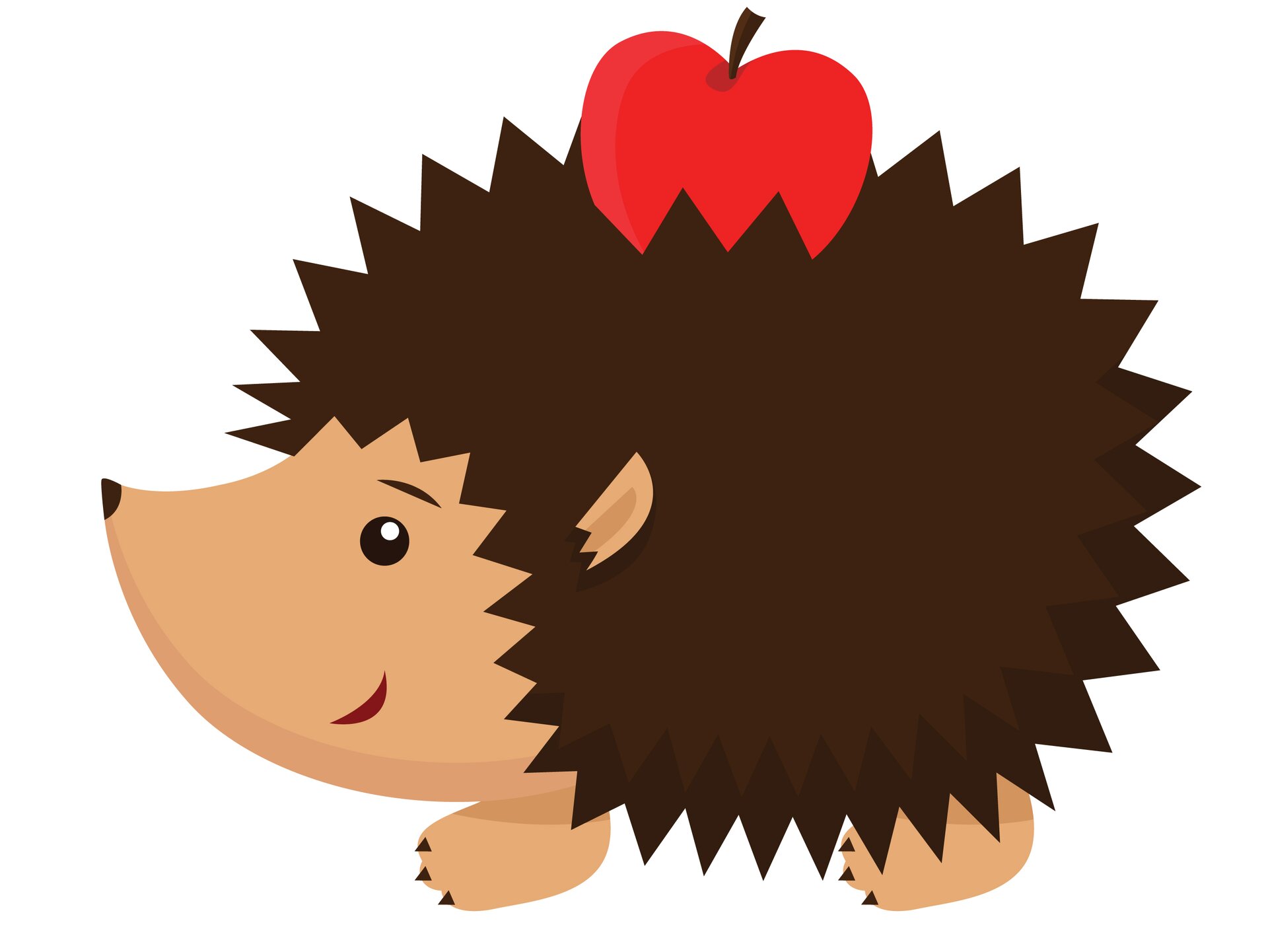 Ilustracja przedstawia sylwetkę jasnobrązowego jeża z bajki o ciemnobrązowych kolcach. Na kolcach u góry ma czerwone jabłko. Pyszczek z lewej, jest uśmiechnięty.