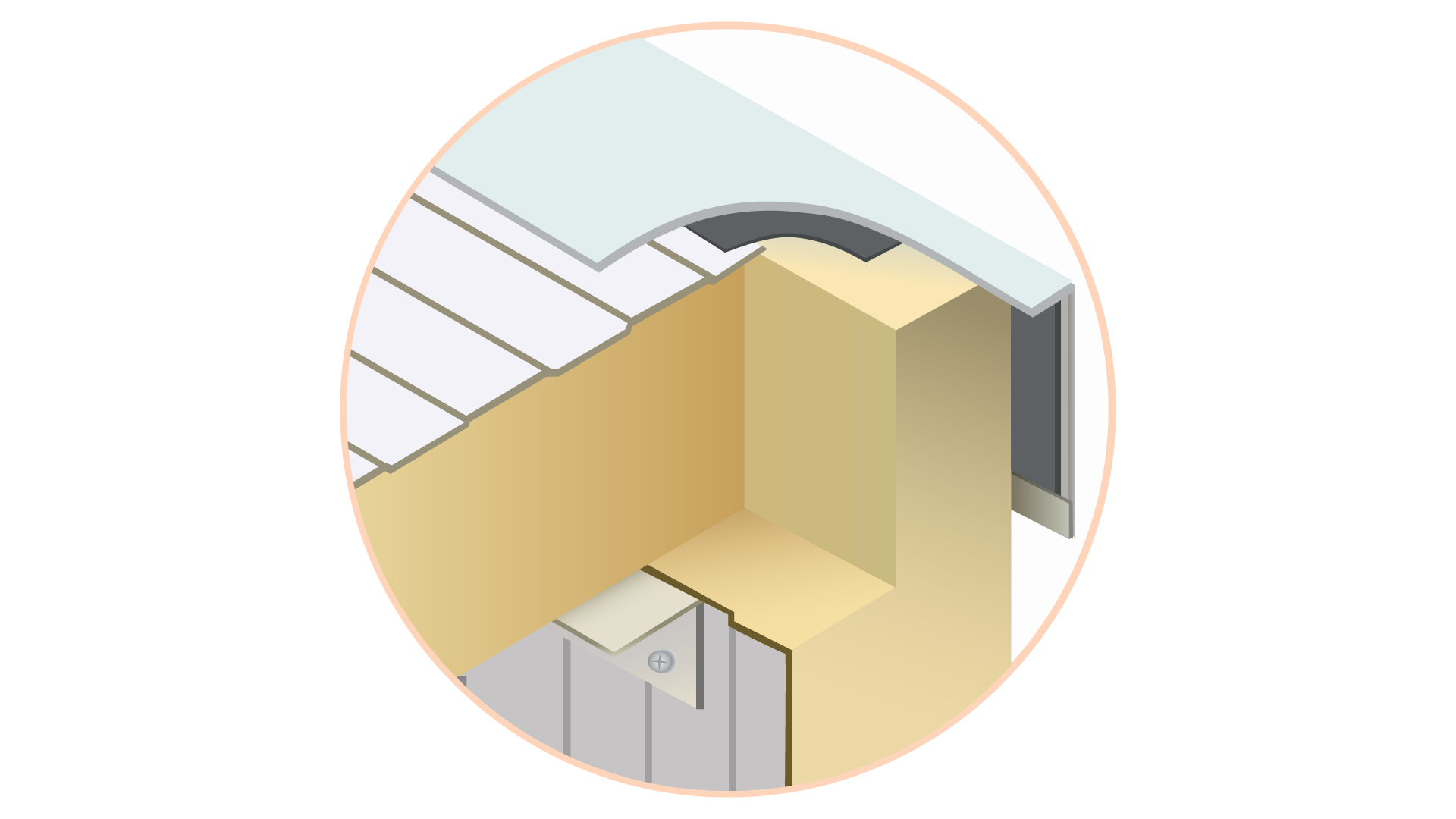 Grafika przedstawia błędnie wykonaną izolację zimnochronną zewnętrznych ścian chłodni z uwzględnieniem punktu rosy - brak warstwy izolującej z piany pur. Grafika zawiera izolację budynku wykonaną z warstwy wełny, warstwy uszczelniającej i pokrywającej jej blachy. Całość jest jednak niewystarczająco zaizolowana przez brak piany pur. 