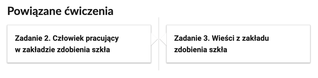 Zrzut ekranu przedstawiający nawigację po lekcji. Na ilustracji jest napis Powiązane ćwiczenia. Zadanie 2. Człowiek pracujący w zakładzie zdobienia szkła. Zadanie 3. Wieści z zakładu zdobienia szkła.