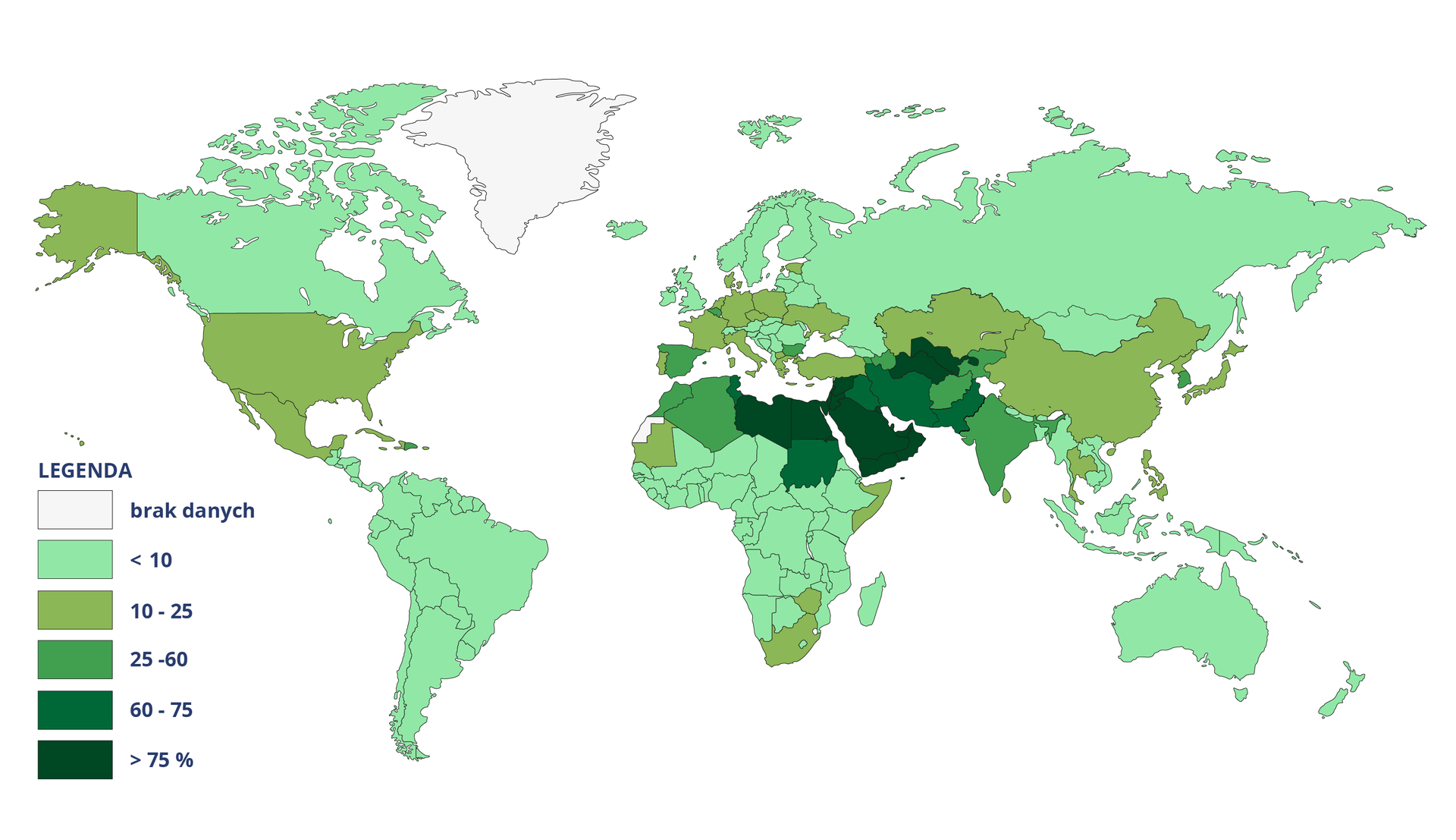 Na mapie świata zaznaczono wykorzystanie odnawialnych zasobów wód w procentach. Powyżej 75 procent: północna część Afryki - Libia, Egipt, Półwysep Arabski, Syria, Uzbekistan, Turkmenistan. W przedziale od 60 do 75% jest Sudan, Iran, Irak, Pakistan. W przedziale od 25 do 60%: Maroko, Algieria, Indie, Afganistan, Kirgistan, Tadżykistan, Azerbejdżan, Korea Południowa, Armenia, Bułgaria, Belgia, Hiszpania. W przedziale od 10 do 25% jest USA, Meksyk, Karaiby, Mauretania, RPA, Zimbabwe, Somalia, Turcja, Ukraina, Polska, Czechy, Estonia, Niemcy, Włochy, Holandia, Francja, Dania, Grecja, Albania, Kazachstan, Chiny, Tajlandia, Filipiny, Japonia. Korea Północna. W pozostałych krajach poniżej 10%.        