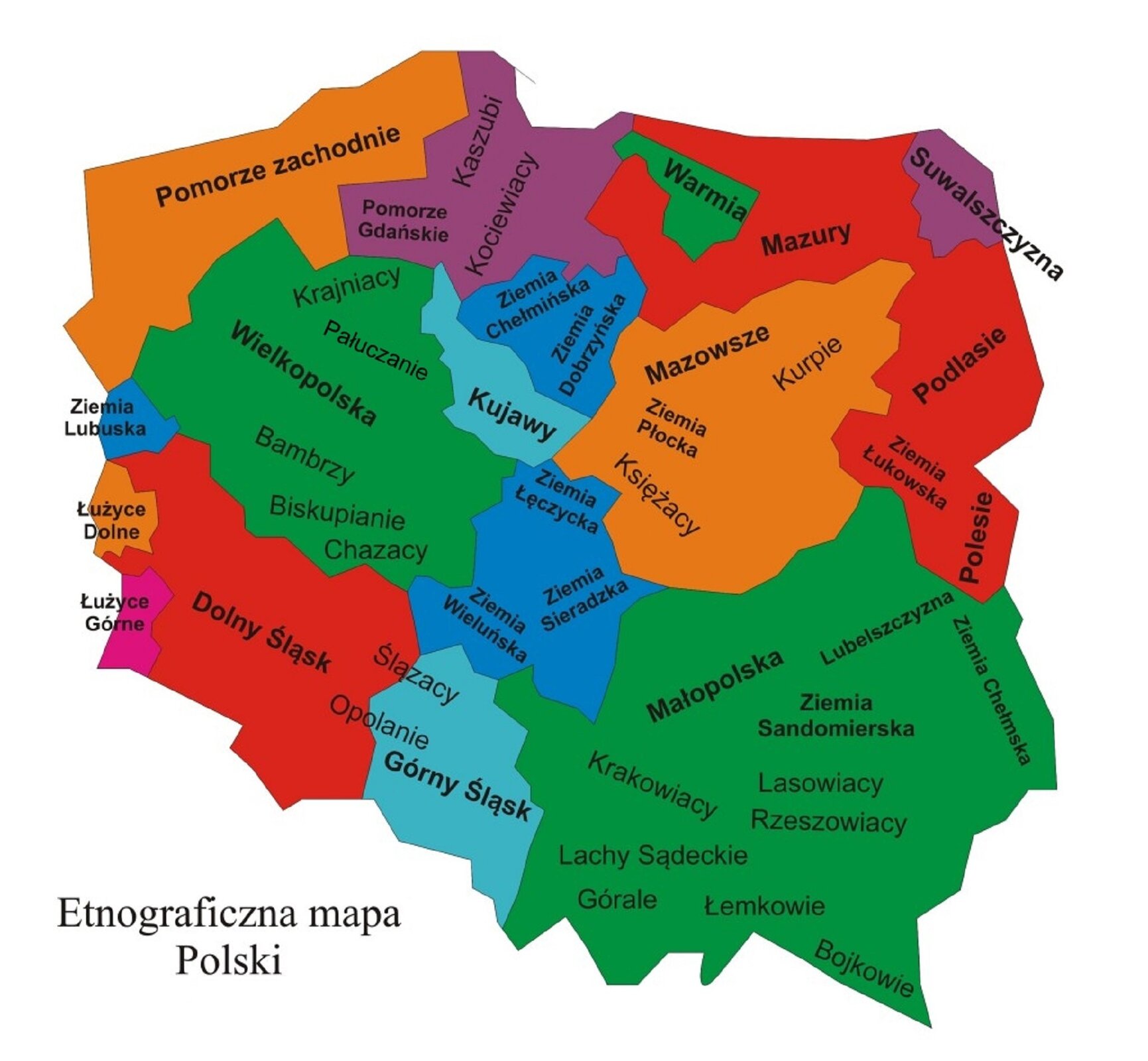 Ilustracja przedstawia etnograficzną mapę regionów Polski. Regiony zaznaczone są różnymi kolorami z opisem regionów: Ziemia Lubuska, Łużyce Dolne, Łużyce Górne, Pomorze Zachodnie, Dolny Śląsk, Krajniacy, Pałuczanie, Wielkopolska, Bambrzy, Biskupianie, Chazacy, Pomorze Gdańskie, Kaszubi, Kociewiacy, Kujawiacy, Ziemia Łęczycka, Ziemia Sieradzka, Ziemia Wielunska, Ślązacy, Opolanie, Górny Śląsk, Warmia, Mazury, Suwalszczyzna, Mazowsze, Kurpie, Ziemia Płocka, Księżacy, Małopolska, Krakowacy, Lachy Sądeckie, Górale, Lubelszczyzna, Ziemia Sandomierska, Lasowiacy Rzeszowiacy, Łemkowie, Bojkowie, Ziemia Chełmska, Polesie, Podlasie, Ziemia Łukowska.