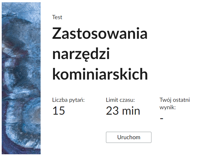 Grafika przedstawia przykładowy ekran początkowy testu. Widoczny jest tytuł testu, liczba pytań, limit czasu, twój ostatni wynik oraz przycisk uruchom.