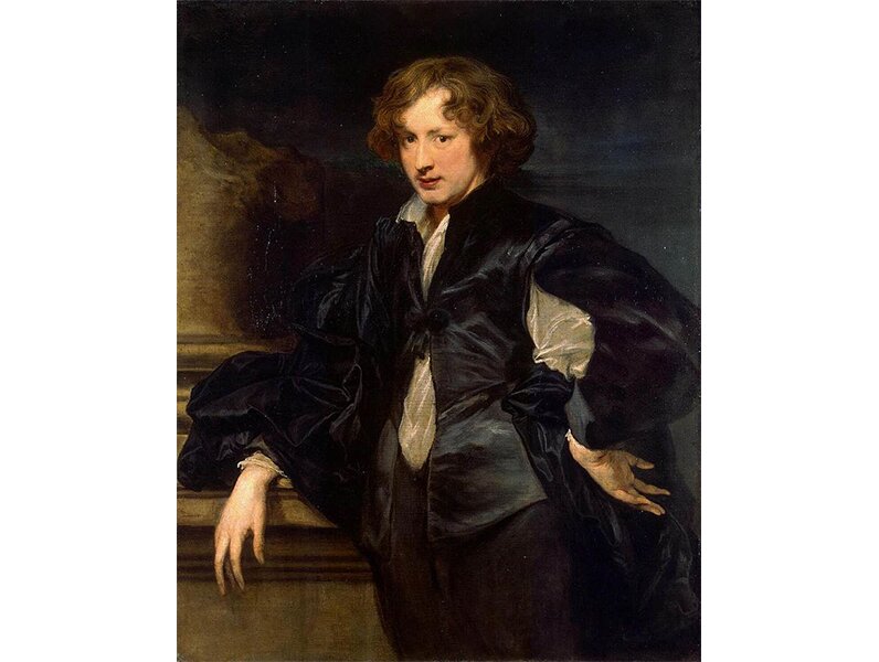 Obraz przedstawia opierającego się o coś młodego mężczyznę. Ma jasne, falowane włosy. Nosi białą koszulę, reszta stroju jest czarna.