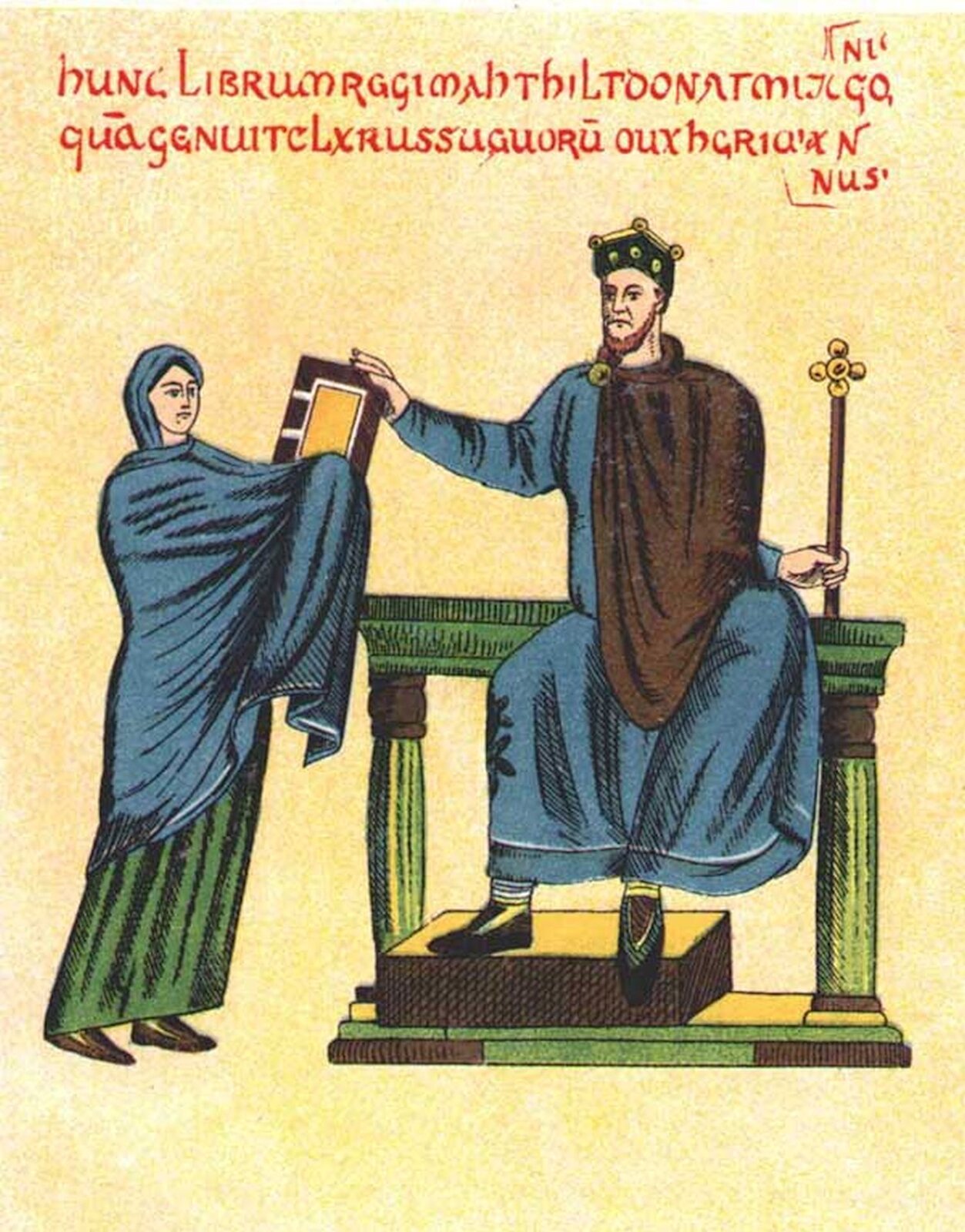 Ilustracja nieznanego autora pod tytułem „Księżna Matylda wręcza księgę liturgiczną Mieszkowi II”. Matylda została przedstawiona jako młoda kobieta ubrana w długą zieloną suknię. Jej głowa oraz tors są przykryte niebieskim materiałem. Kobieta przekazuje księgę liturgiczną Mieszkowi II, który siedzi na tronie. Mieszko II został przedstawiony jako mężczyzna w średnim wieku, na jego głowie widnieje korona. Ubrany jest w niebieską sukmanę, a na jego ramionach i barkach znajduje się brązowa peleryna. W ręku trzyma berło. 