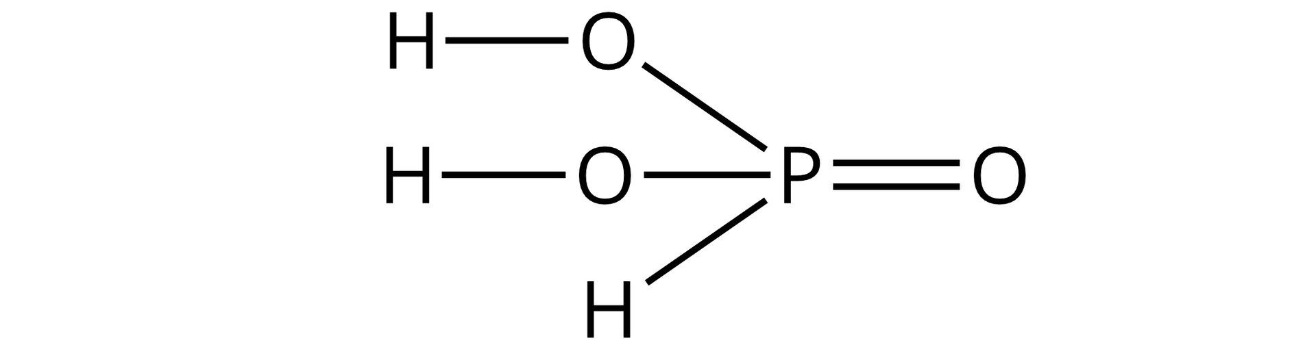 Ilustracja przedstawiająca wzór strukturalny kwasu, w którym atom fosforu P połączony jest za pomocą wiązania podwójnego z atomem tlenu O, za pomocą wiązania pojedynczego z atomem wodoru H oraz za pomocą wiązań pojedynczych z dwiema grupami hydroksylowymi —OH.