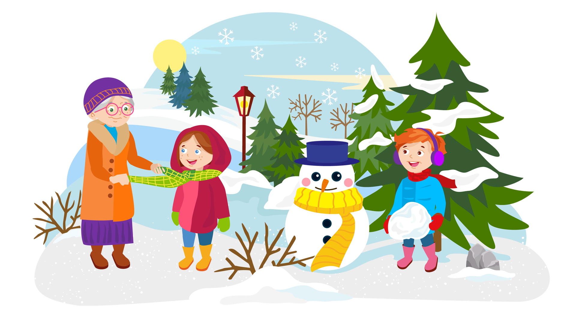 Ilustracja przedstawia zimowy krajobraz. W tle widać błękitne niebo i słońce. Teren widoczny na zdjęciu jest pagórkowaty, cały pokryty śniegiem. Dookoła rosną pojedyncze świerki oraz drzewa i krzewy pozbawione liści, a z nieba spadają liczne płatki śniegu. Na pierwszym planie znajduje się bałwan z granatowym kapeluszem i żółtym szalikiem. Po prawej stronie stoi uśmiechnięty Franek. Jest ubrany w niebieską kurtkę, długie granatowe spodnie, czerwony szalik, czerwone rękawiczki i różowe buty. Na głowie ma fioletowe nauszniki, a w rękach trzyma dużą kulę śniegu. Po lewej stronie stoi babcia Mai i Franka. Jest ubrana w pomarańczowy płaszcz z kożuchem, długą fioletową spódnicę, fioletową czapkę, niebieską apaszkę i brązowe buty. Poprawia zielony szalik stojącej obok niej Mai. Dziewczynka oprócz zielonego szalika ma na sobie różową kurtkę, której kaptur ma naciągnięty na głowę, długie niebieskie spodnie, zielone rękawiczki i żółte buty. Dziewczynka uśmiechając się patrzy na babcię.