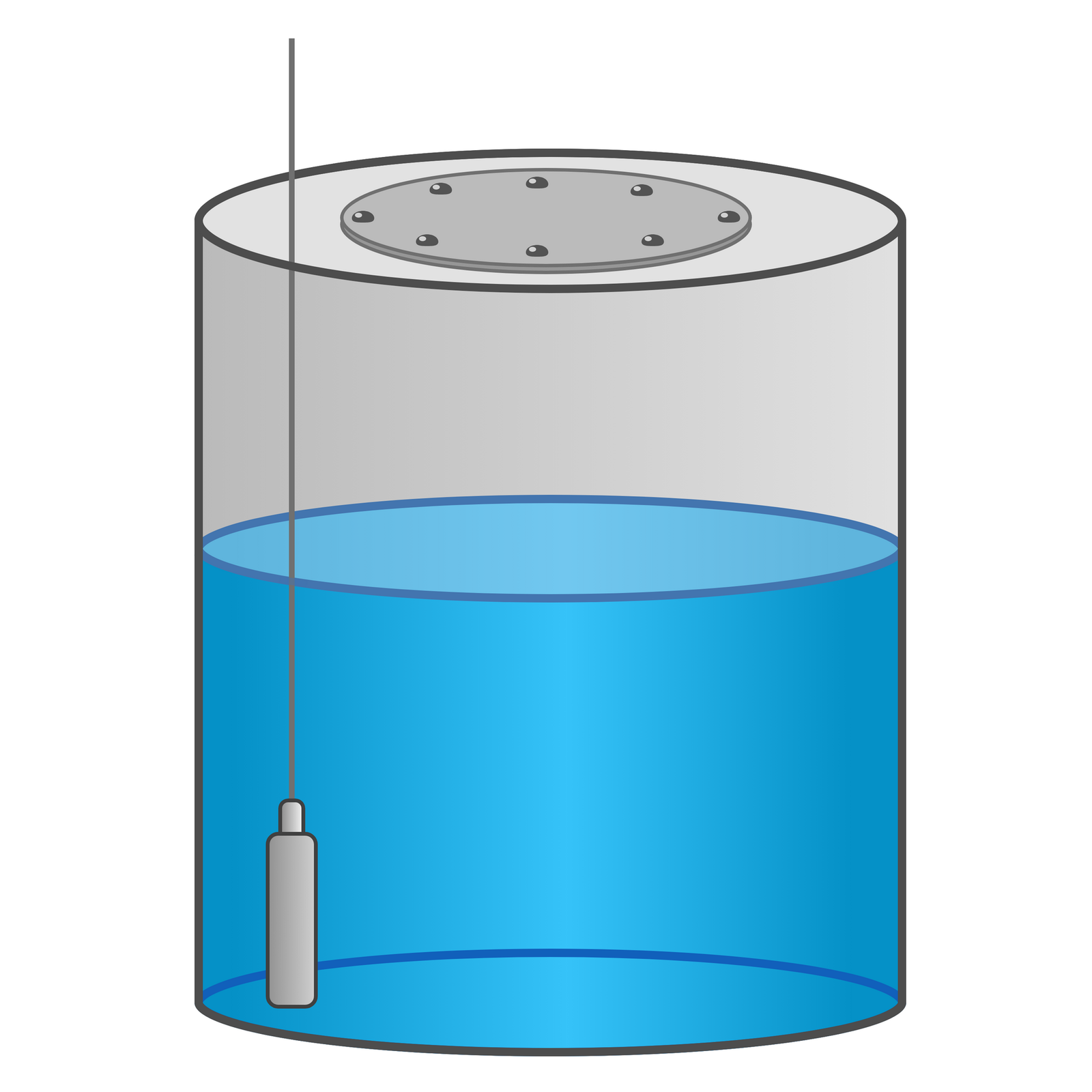 Na zdjęciu przedstawiono pojemnik z zamontowaną sondą hydrostatyczną. Jest to urządzenie wykorzystywane do pomiaru poziomu cieczy w zbiornikach otwartych i ciśnieniowych. Na zdjęciu widoczny jest zbiornik o kształcie cylindrycznym. Zbiornik jest w trzech czwartych wypełniony wodą. Na dnie zbiornika z lewej jego strony widoczna jest sonda. Sonda jest w kształcie cienkiego podłużnego cylindra. Od górnej podstawy cylindra odchodzi kabel. Kabel biegnie do góry poza górną pokrywę zbiornika.
